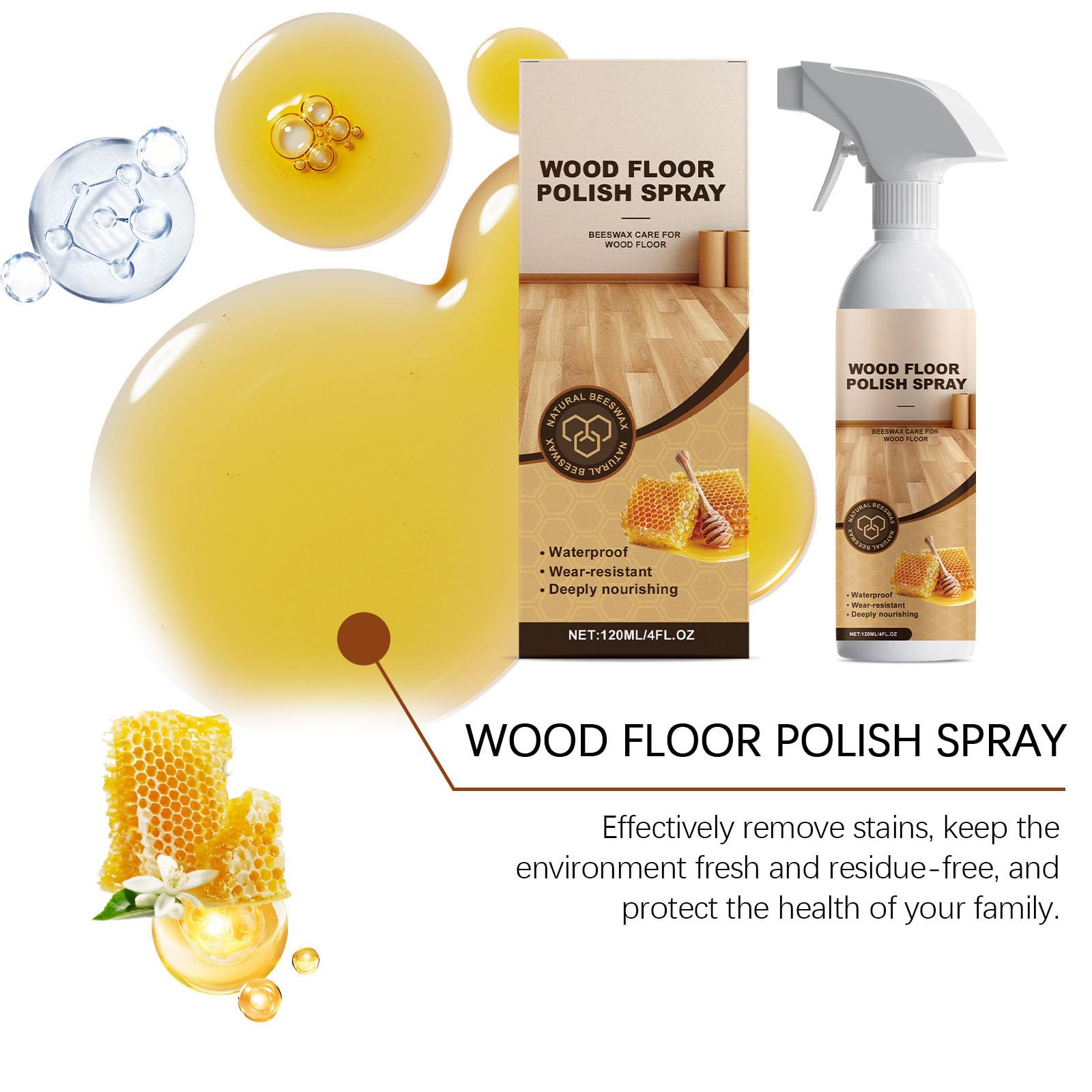 Bienenwachs-Holzboden-Polierspray für Hartholz & Laminat, Bodenrestaurierung & Kratzerreparaturpflege, Holzreiniger und Möbeloberflächen-Glanzverstärker, Schutzfinish für stumpfe Böden (5Pcs)