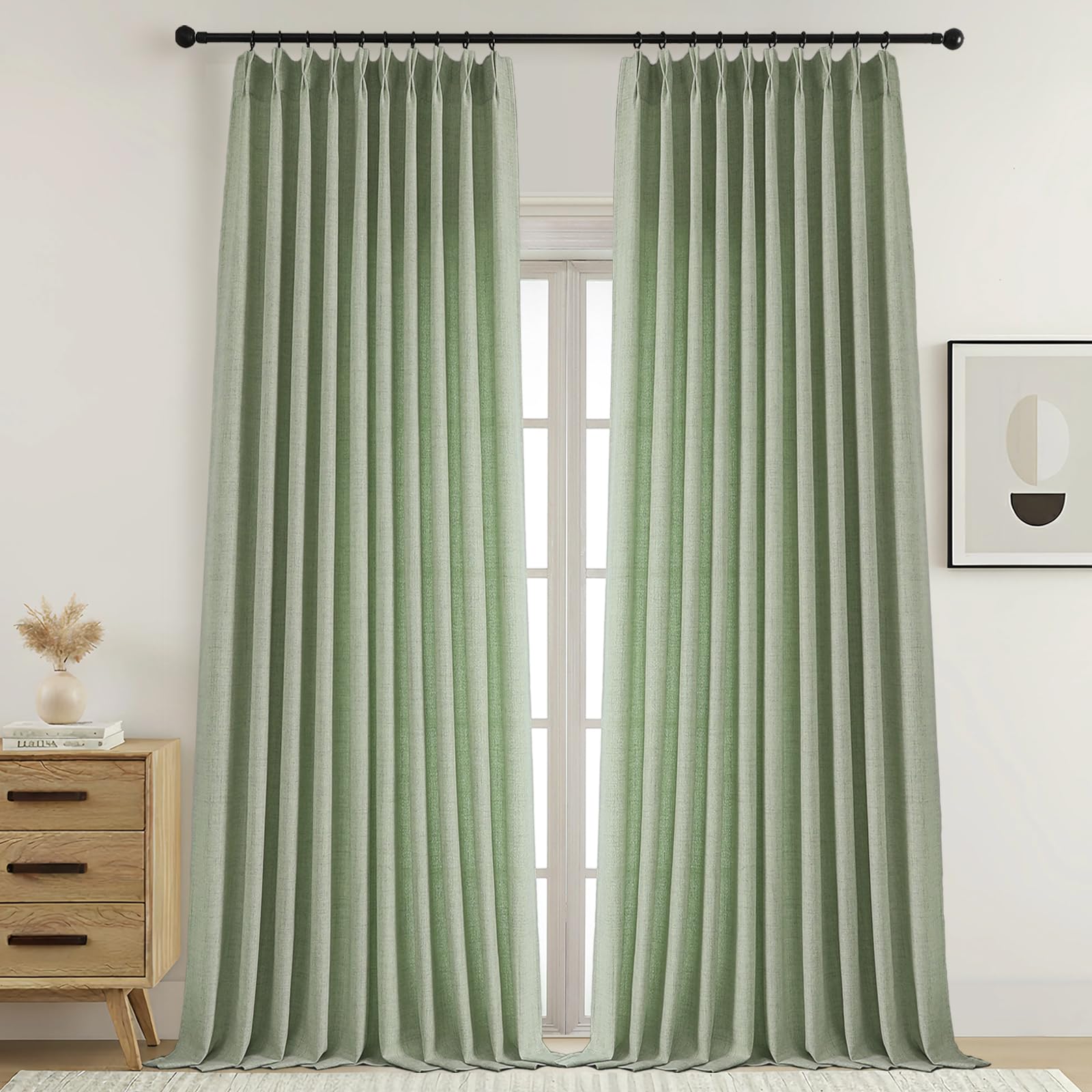 Ebesto Extra Wide Green Pinch Pleated Curtains 102 Inches Long, Soft Airy Textured Light Filtering Window Curtains for Patio Sliding Glass Door, Back Tab Modern Drapes, 2 Panels, 2x60Wx102L Inches