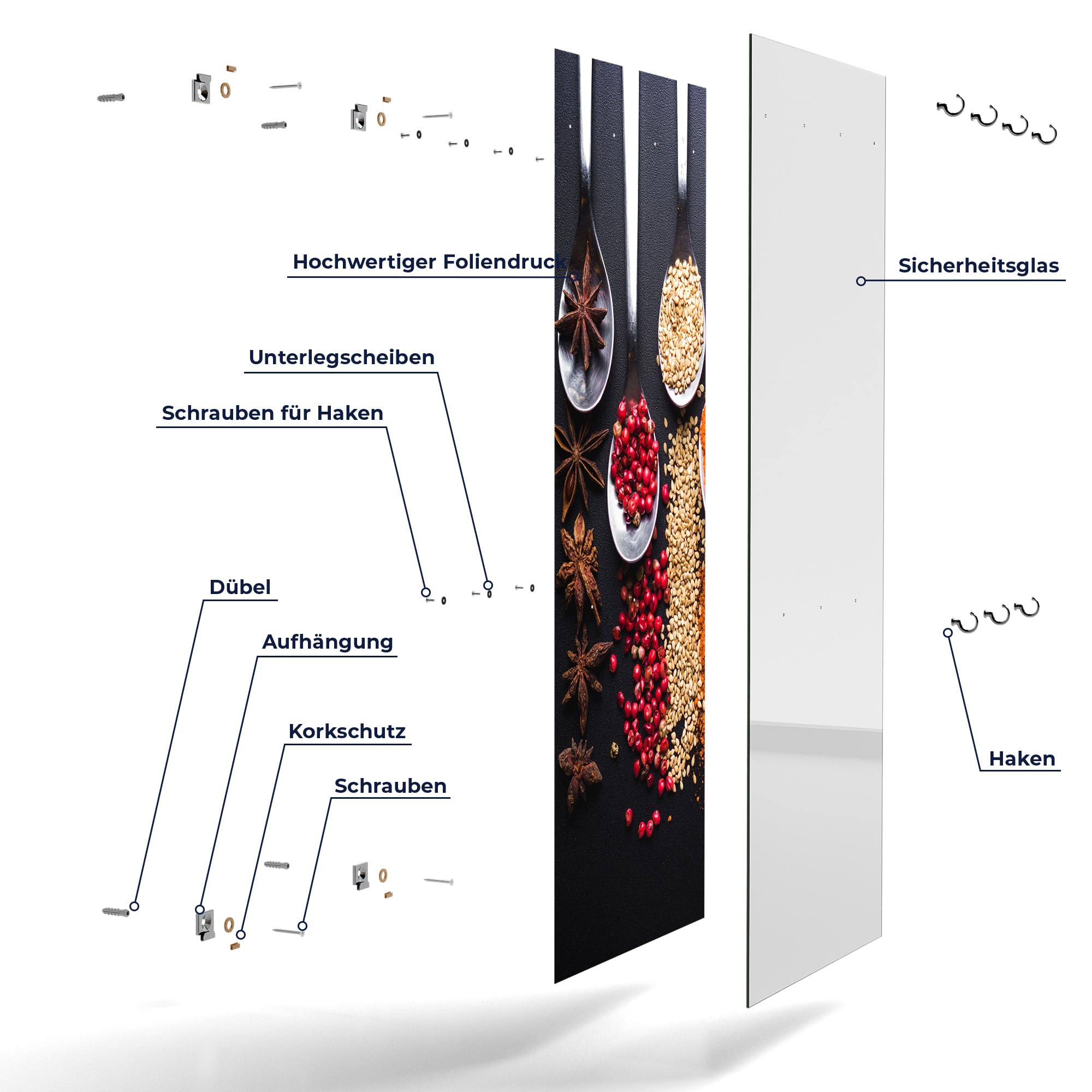 DEQORI Kleiderhaken aus Glas mit Motivdruck | Design vertikal, 50x125 cm | Motiv Kochlöffel mit Gewürzen | ESG-Sicherheitsglas mit 7 Haken – beschreibbar & montagefreundlich – pflegeleicht