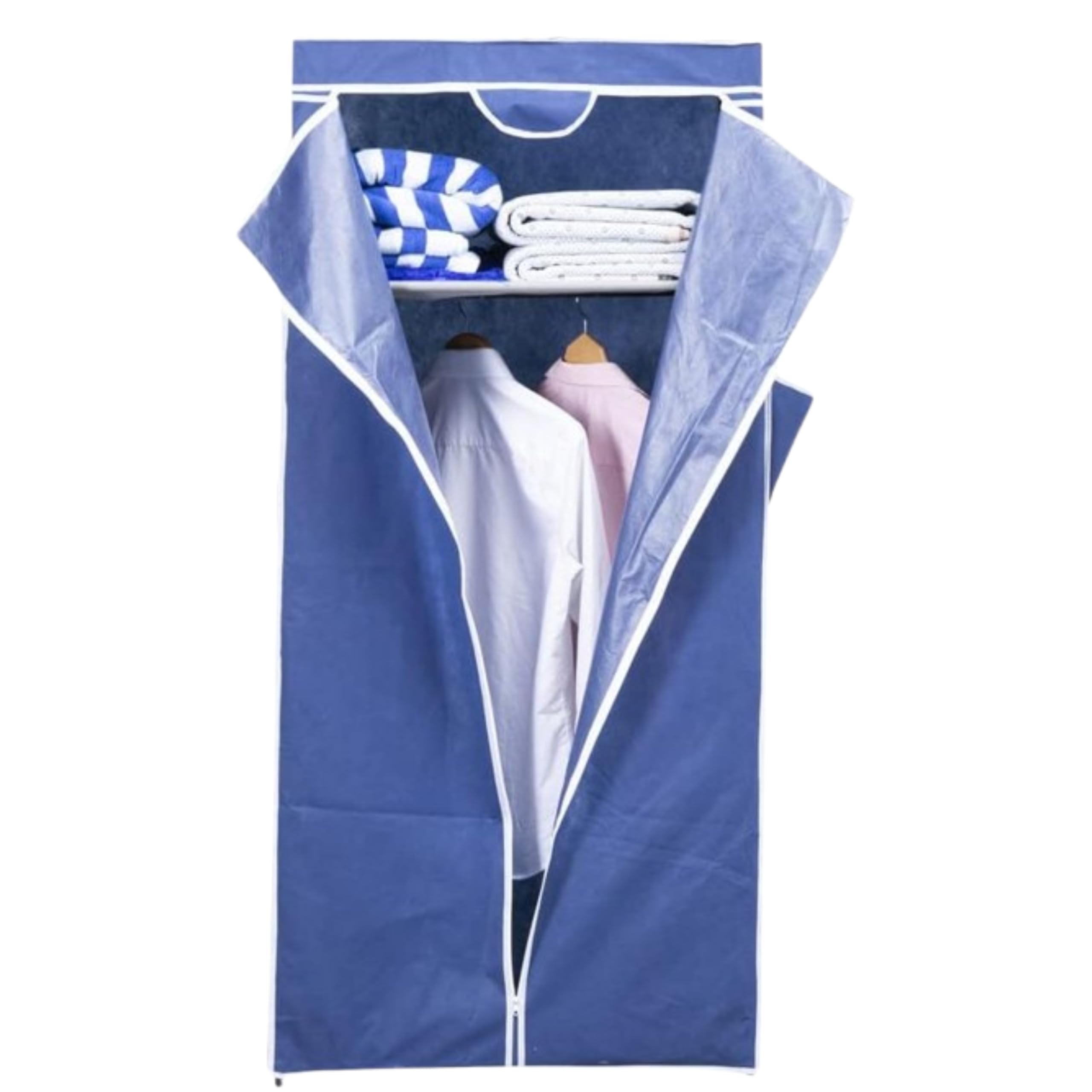 WT-EASYCARE Blue Garment Closet - Foldable Soft Fabric Wardrobe with Zipper, Easy Front View, Dust & Moisture Protection, Spacious Storage for Clothes & Accessories, Ideal for Living Room & Bedroom