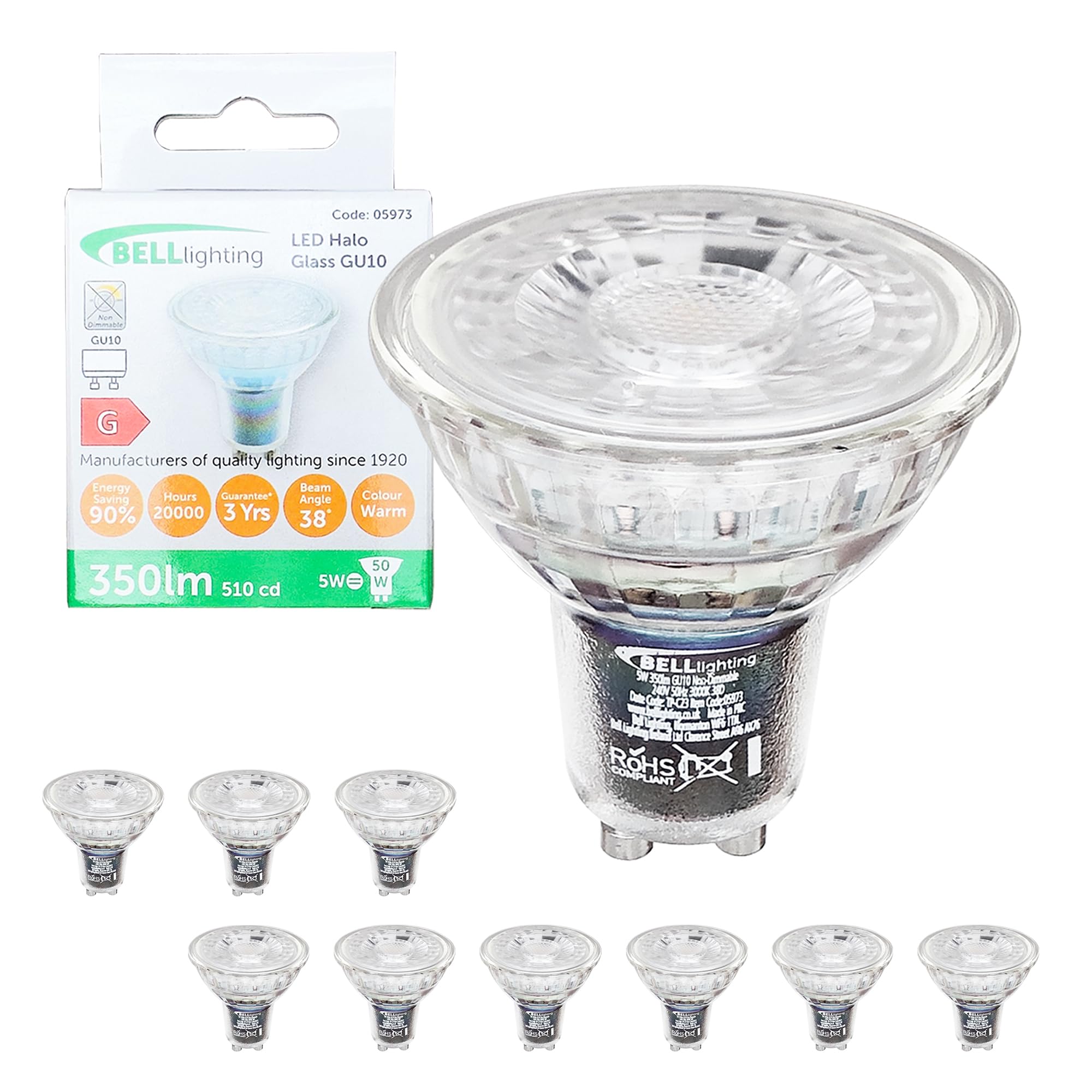 Bell Lighting LED GU10 Bulb 5W, Warm White 3000K, Non-Dimmable, Pack of 10