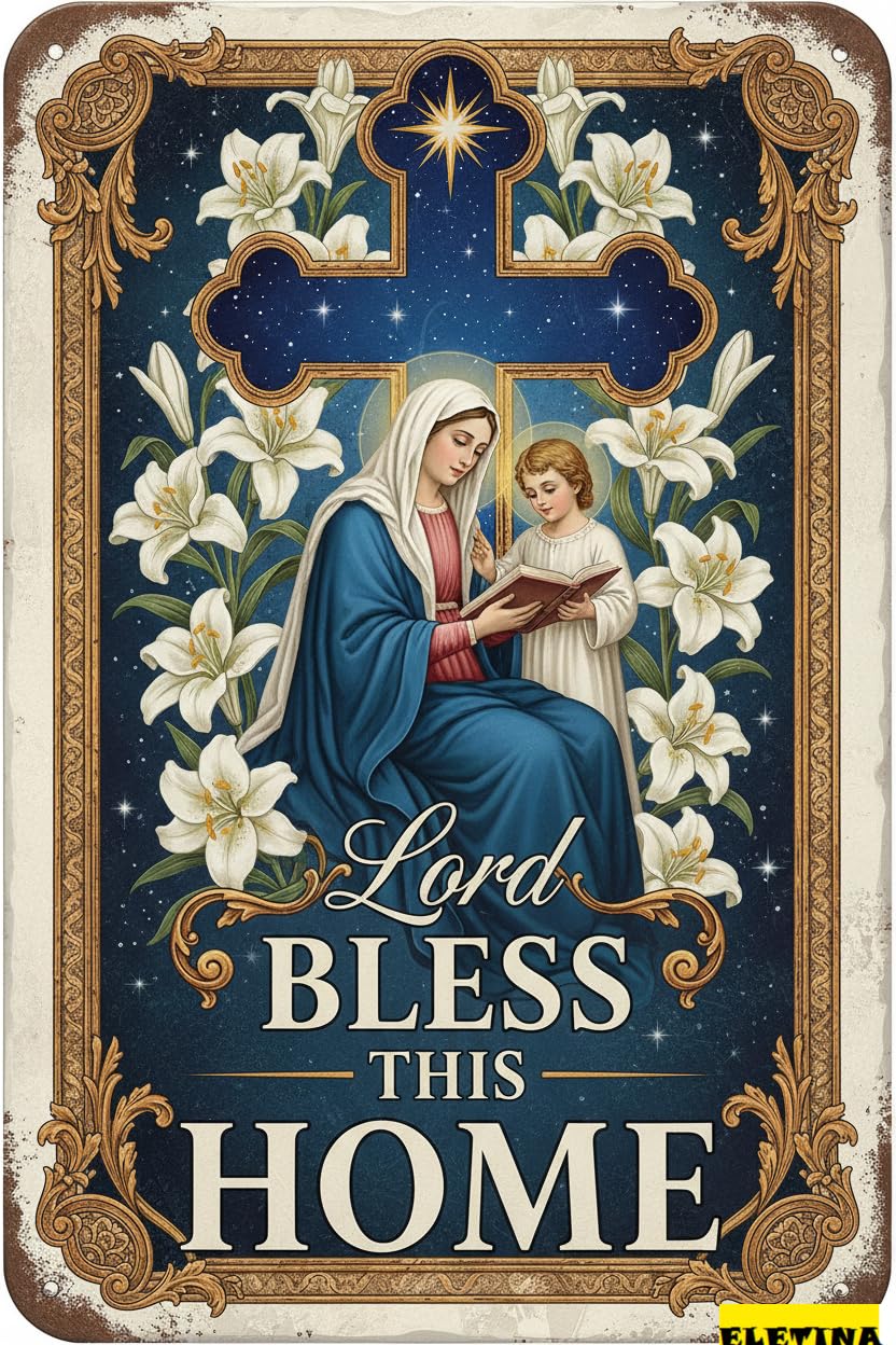 Lord Bless This Home Easter Bible Verse Nativity Scene Aluminum Art Sign Religious Retro Vintage Tin 8x12in