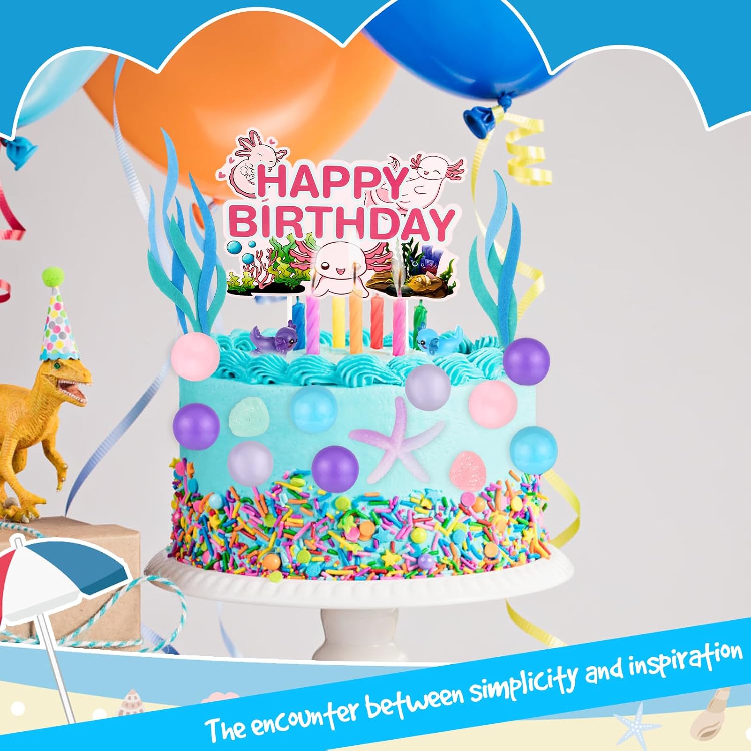 37 Pcs Axolotl Cake Topper Axolotl Birthday Decorations Include 1 Axolotl Happy Birthday Cake Topper 2 Bags Artificial Seagrass 34 Pcs Salamander Toy Ball Decorations for Kids Girls Party Supplies - Image 5