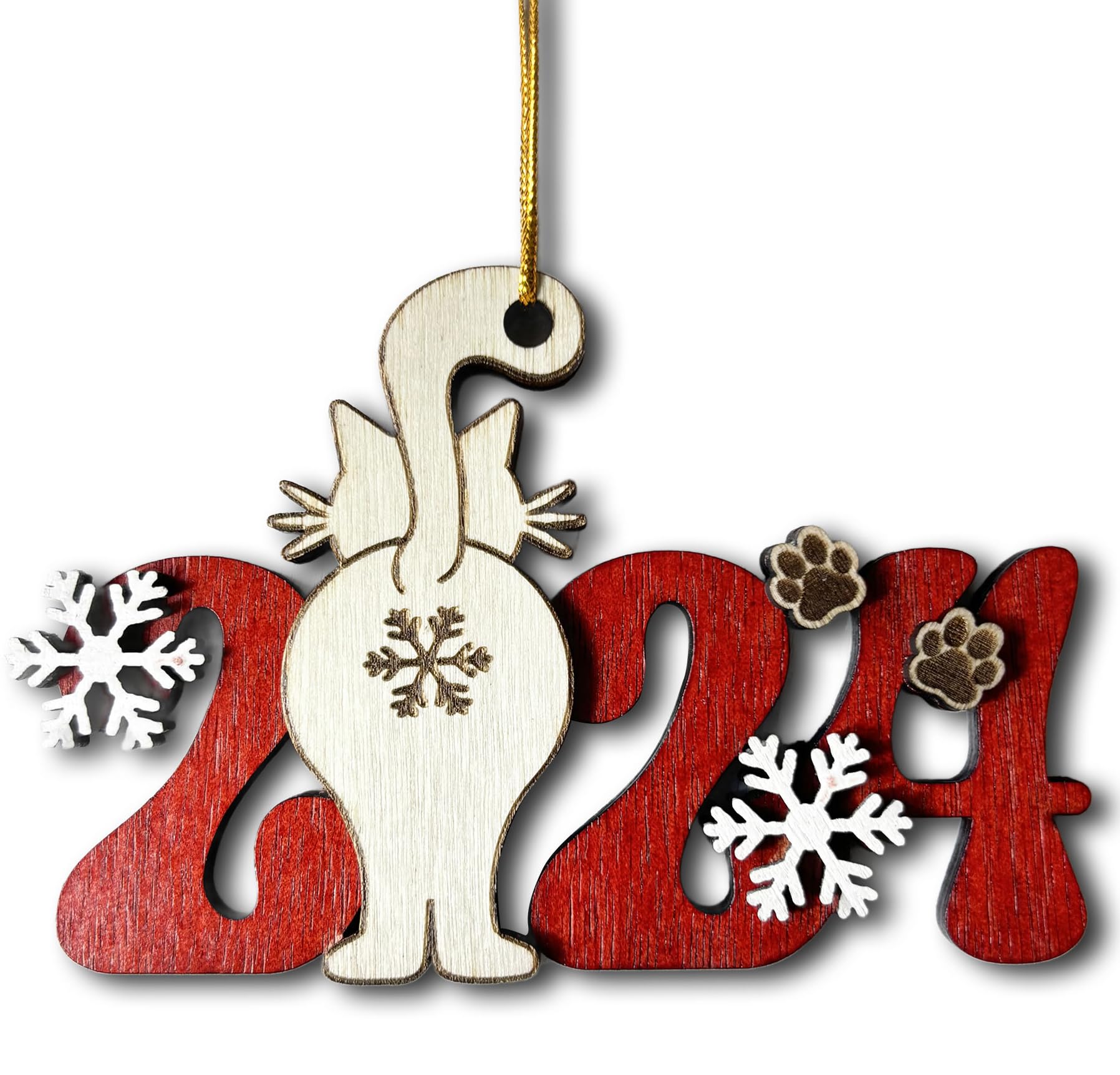 Funny Cat 2024 Wooden Christmas Ornament - Christmas Holiday Cat Decor - 2024 Cat Themed Ornament with Snowflakes - Cat Tree Hanging Ornament - Easily Add A Name with Marker (Not Included)