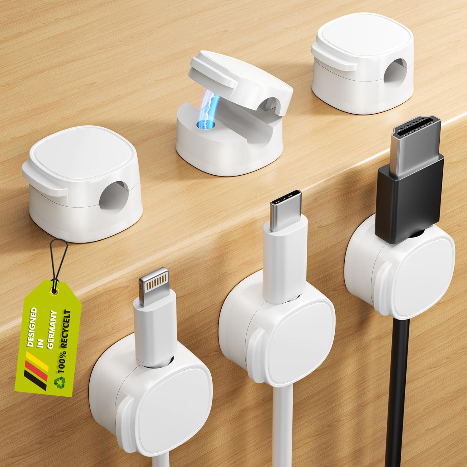 POWERLAND 6 Stück Magnetic Cable Clips [Einhand-Bedienung] Kabel Organizer Kabelhalterung Schreibtisch für Schreibtisch, Nachttisch, Ladekabeln, HDMI, USB, Audiokabel