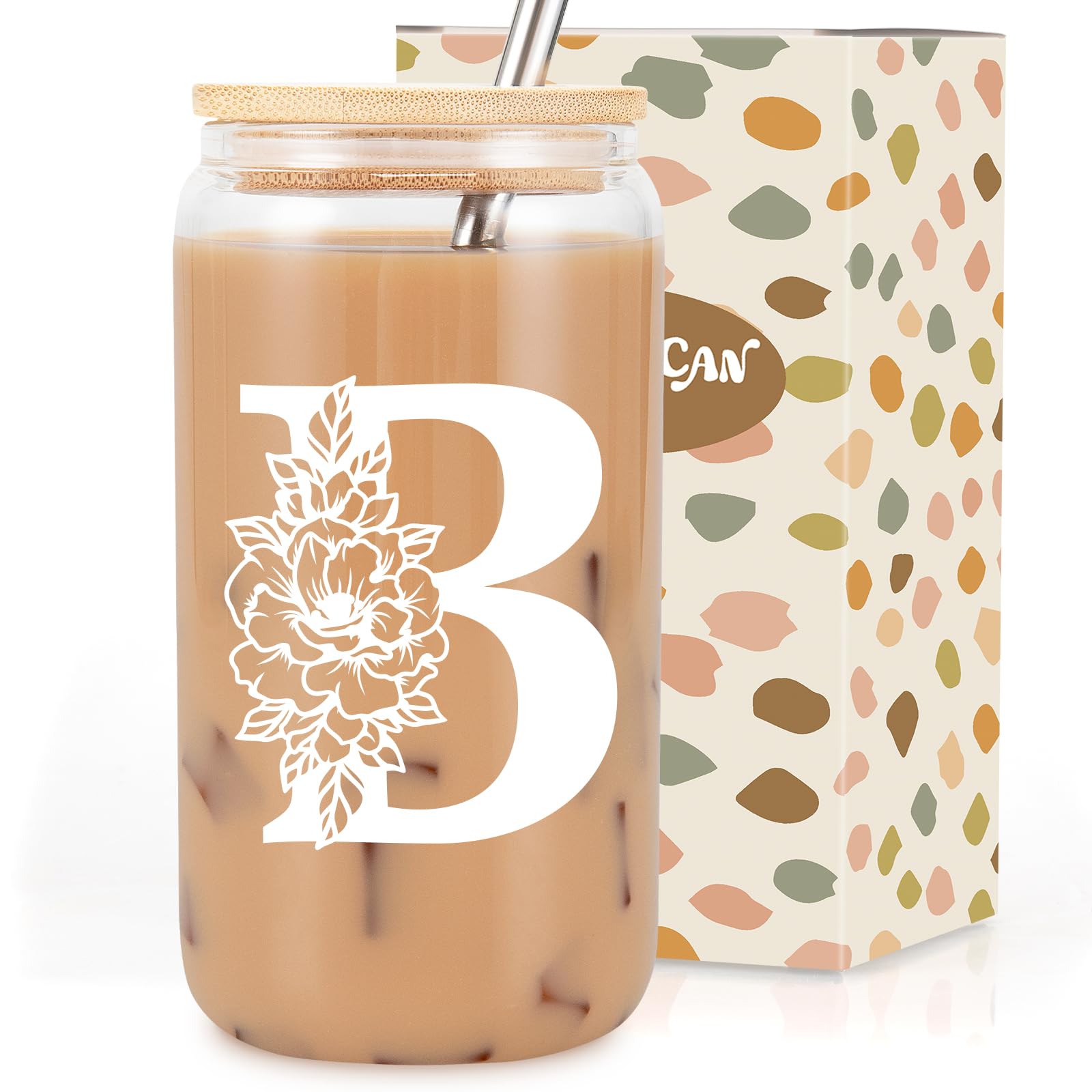 Coolife Initial Glass Cup, Monogrammed Gifts for Women, 16 oz Tumbler w/Lid