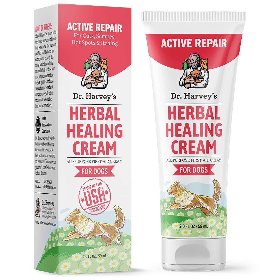 Dr. Harvey'sHerbal Healing Cream for Dogs 2 fl oz - Active Natural Repair for Cuts, Scrapes, Hot Spots, Itching. All Purpose First Aid Ointment Balm Made in USA with Tea Tree, Eucalyptus, Coconut