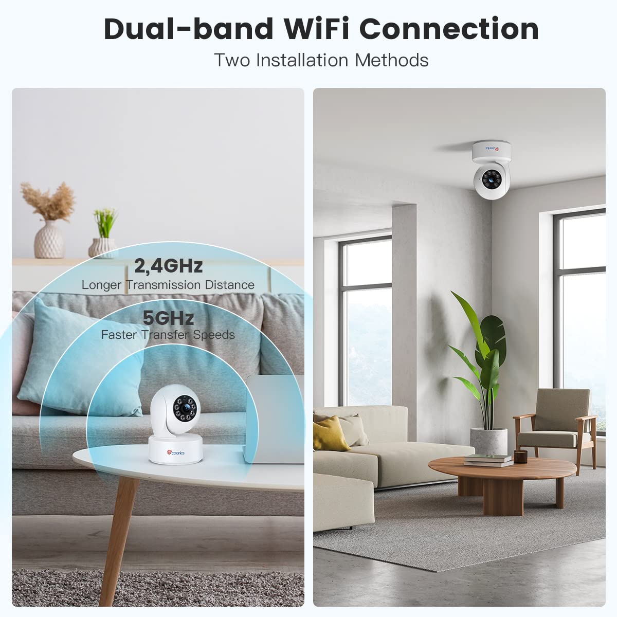Ctronics 2,5K 4MP Caméra Surveillance WiFi Intérieure, 2,4/5GHz PTZ Camera Bluetooth avec Vision Nocturne Couleur, PTZ 355°/ 120°, Détection Humaine/Mouvement & Auto Tracking pour Bébé/Animaux (Blanc) | Bluetooth avec Vision Nocturne Couleur, PTZ 355°/ 12