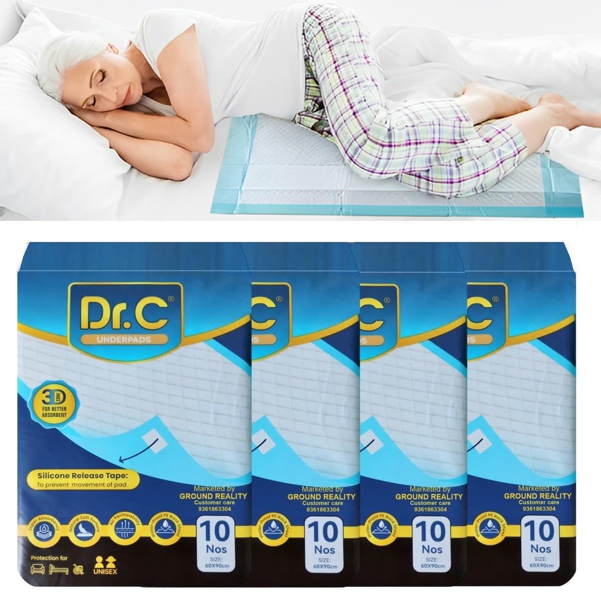 DR C 1 Pack Premium Underpad 60X90 Large Size for Adults Elderly Patients Baby Bed. Super Absorbency, Leak Proof, Urinary Incontinence Under Pads with Advanced 3D Gel Core Technology (10 Sheets)-image-21