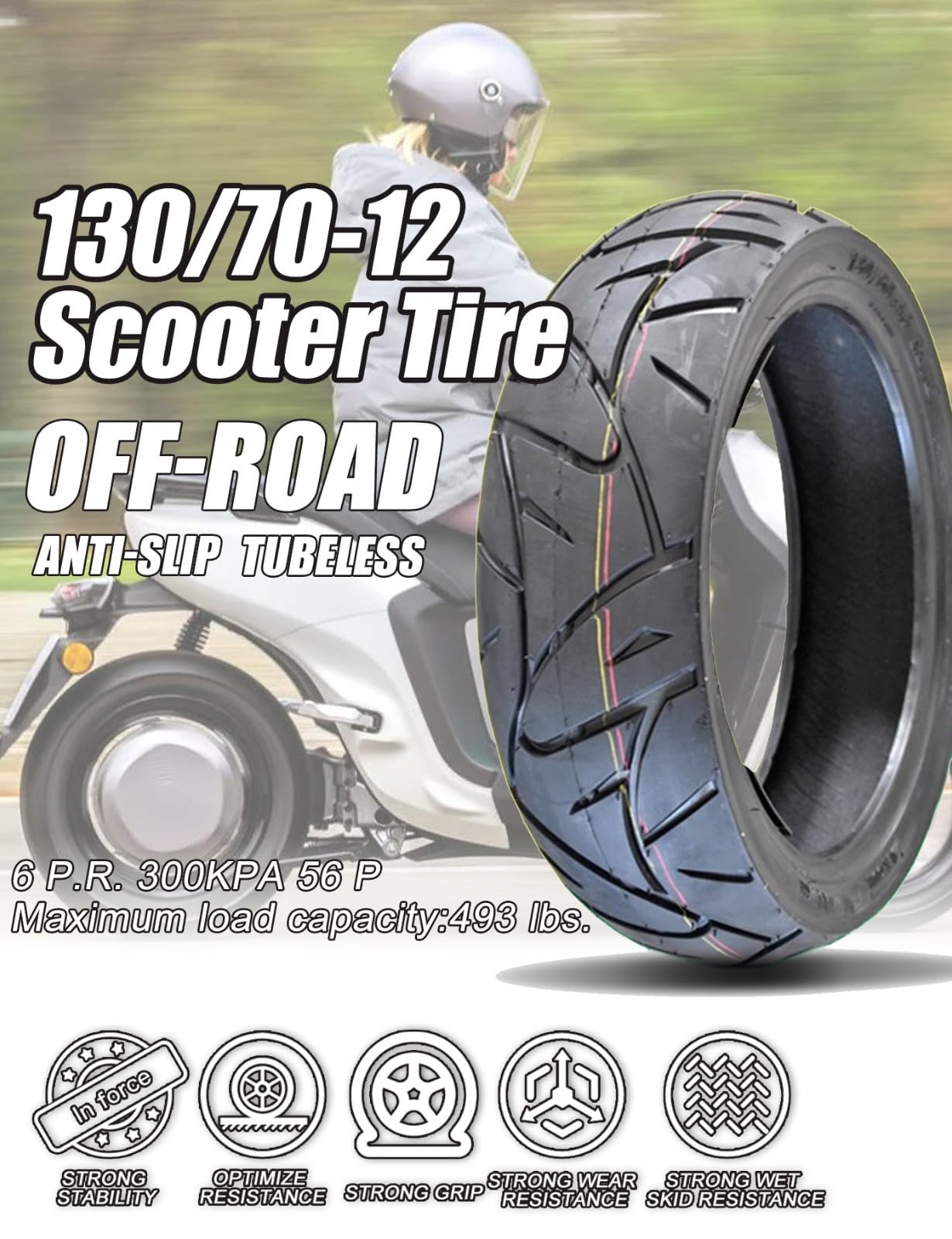 Neumático tubeless 130/70-12 para scooter, 56P 6 P.R., llanta de 12", capacidad de carga: 224 kg