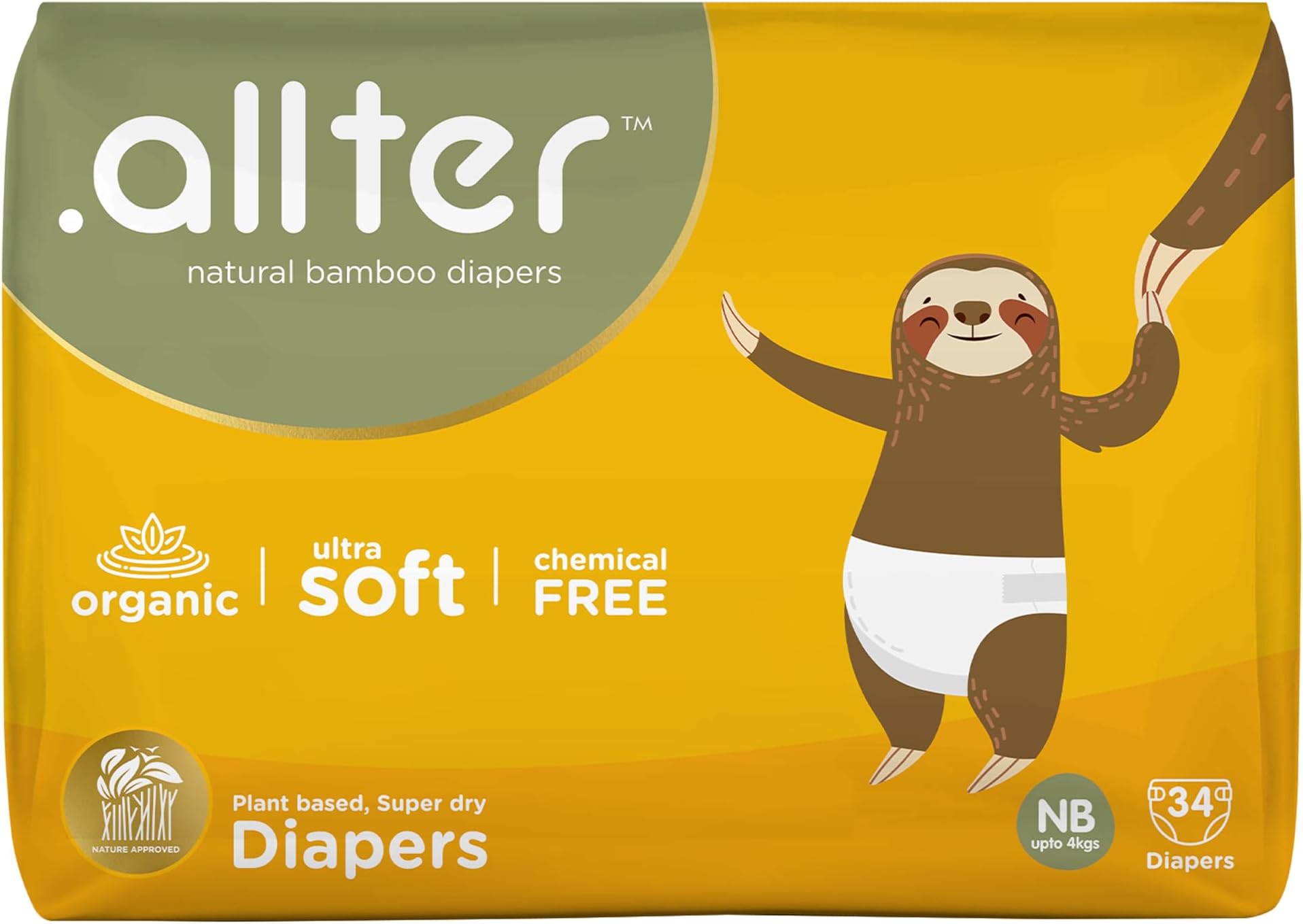 .allter Organic Bamboo Baby Diapers| 34 Count (Pack of 1) New Born (NB Size), Upto 4kg| Rash Free, Super Dry, Quick Absorb, Taped Style, Ultra Soft Diapers | Explorer