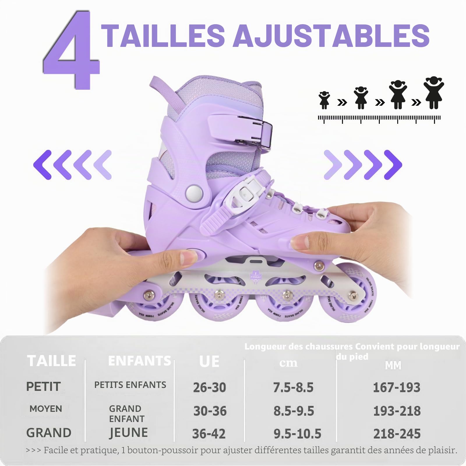 Patins à Roues en Ligne pour Enfants Débutants Réglables Filles Garçons Intérieur Extérieur