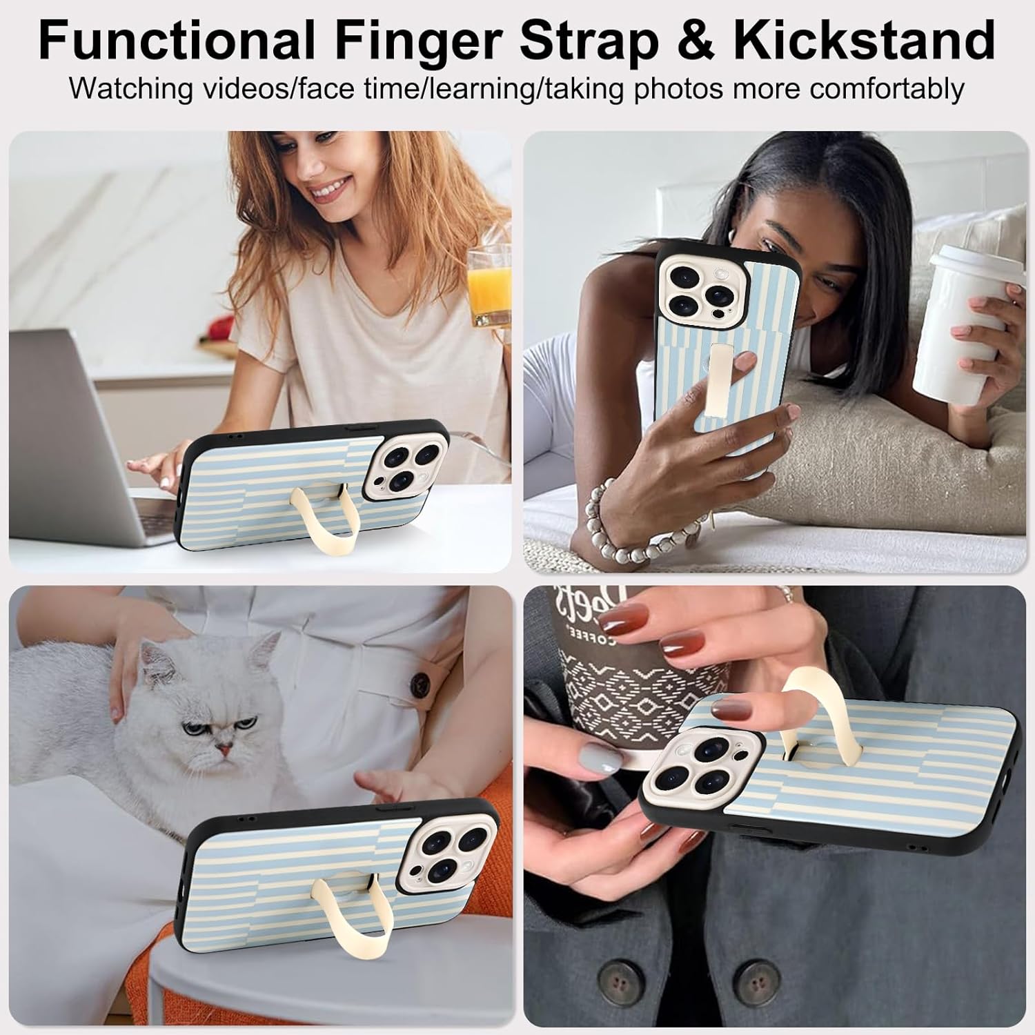 Compatible with iPhone 14 Pro Max Case with Finger Hand Strap Kickstand, Trendy Striped Phone Case for Women Men, Full Camera Protection Shockproof Protective Cover, White and Blue Stripes - Image 5
