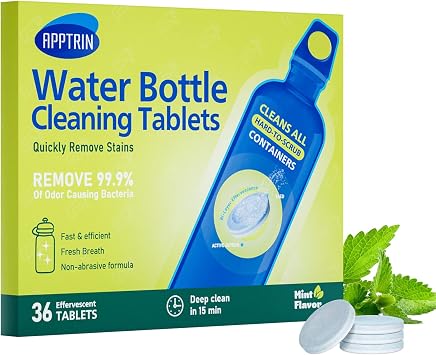 Water Bottle Cleaning Tablets, Bottle Clean Tablet Pack of 36, Cleansing Tablets for All Plastics and Glass Drinking Containers,Individually Packed,Mint