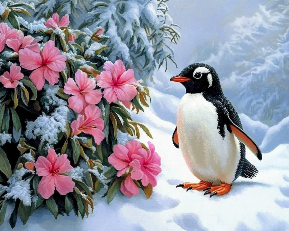 AxiangziK Cross Stitch Kits for Adults Beginners,Penguins and Flowers in the Snow DIY Gift Embroidery Needlework Crafts Home Decor 12x16 inch Easy (11CT Pre-Printed)