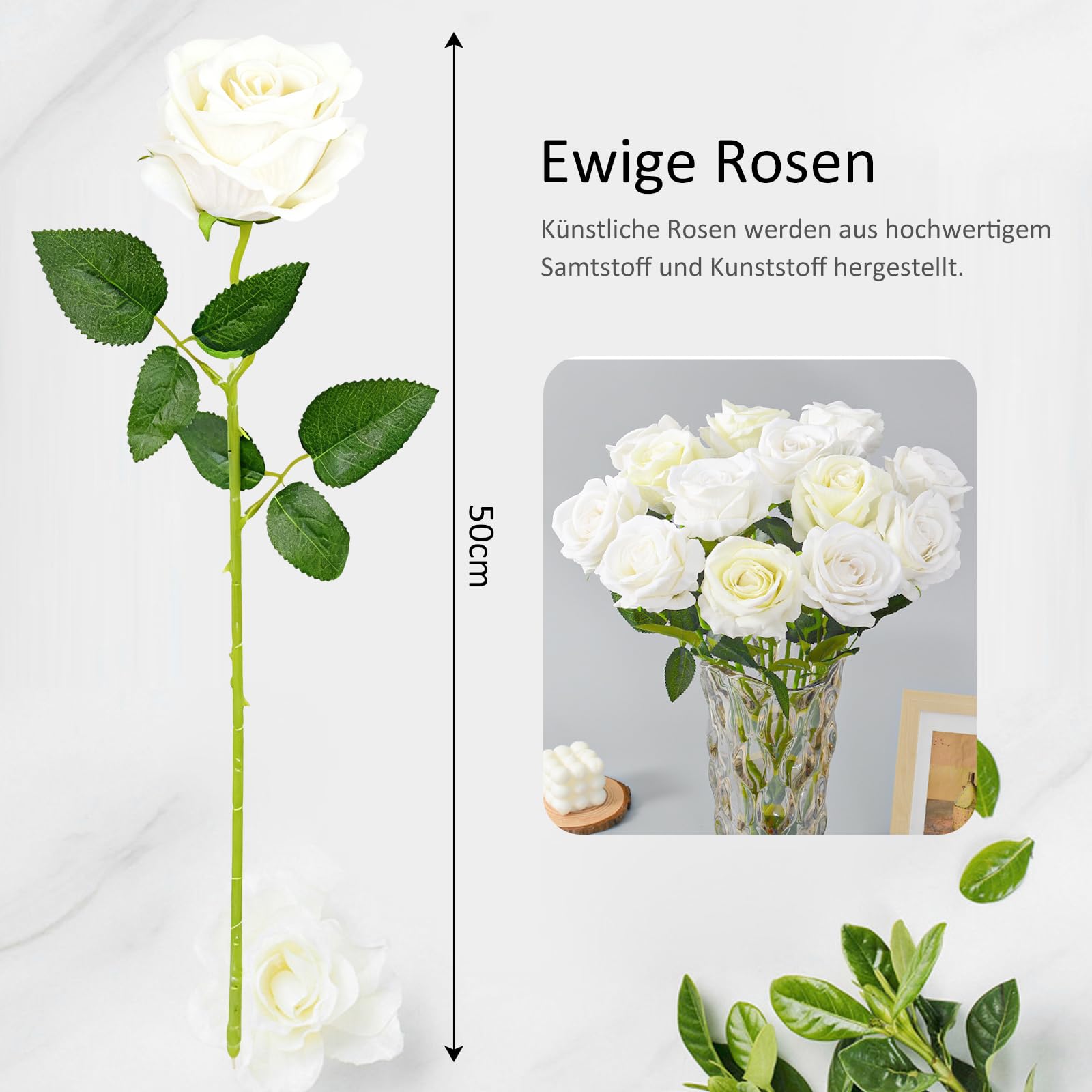 Cosswe Artificial Silk Rose Artificial Rose Eternal Flowers Single Stem Gift Wrapped Roses for Wedding Bouquets Anniversary Party Hotels Office Decoration (White) - Image 2