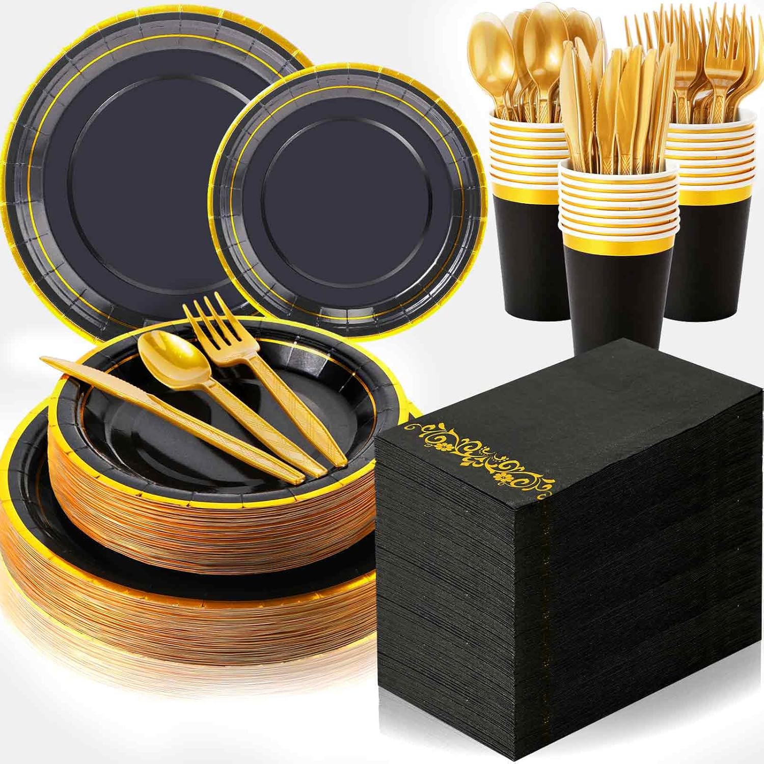 meekoo 350 Pcs Black Party Dinnerware Set Disposable Paper Plates for 50 Guests 9in and 7in Dinner Dessert Plates Napkins Gold Rim Plastic Cups Knives Forks Spoons for Party Wedding(Round)