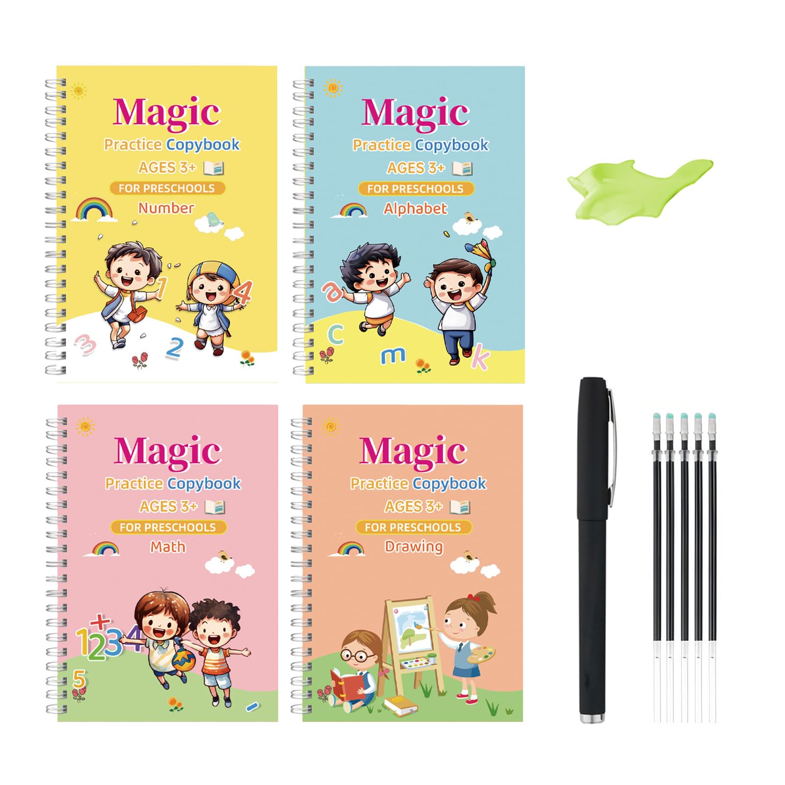 Handwriting Practice Books for Kids Aged 3-5 (4 Books) - Reusable Grooved Magic Workbooks with Pens - Alphabet, Math, Number, Drawing Nursery School Kit - 19x13cm