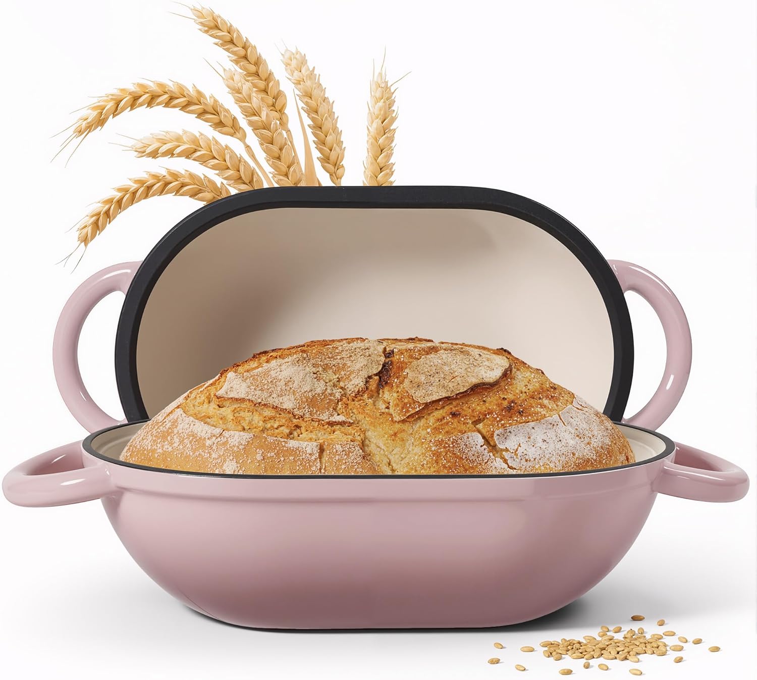 2 QT Oval Dutch Oven for Bread Baking, Enamelled Cast Iron Bread Oven for Sourdough, Sourdough Loaf Pan with Lid, Heavy-Duty Non Stick Bread Pan for Homemade Bread Baking, Pink