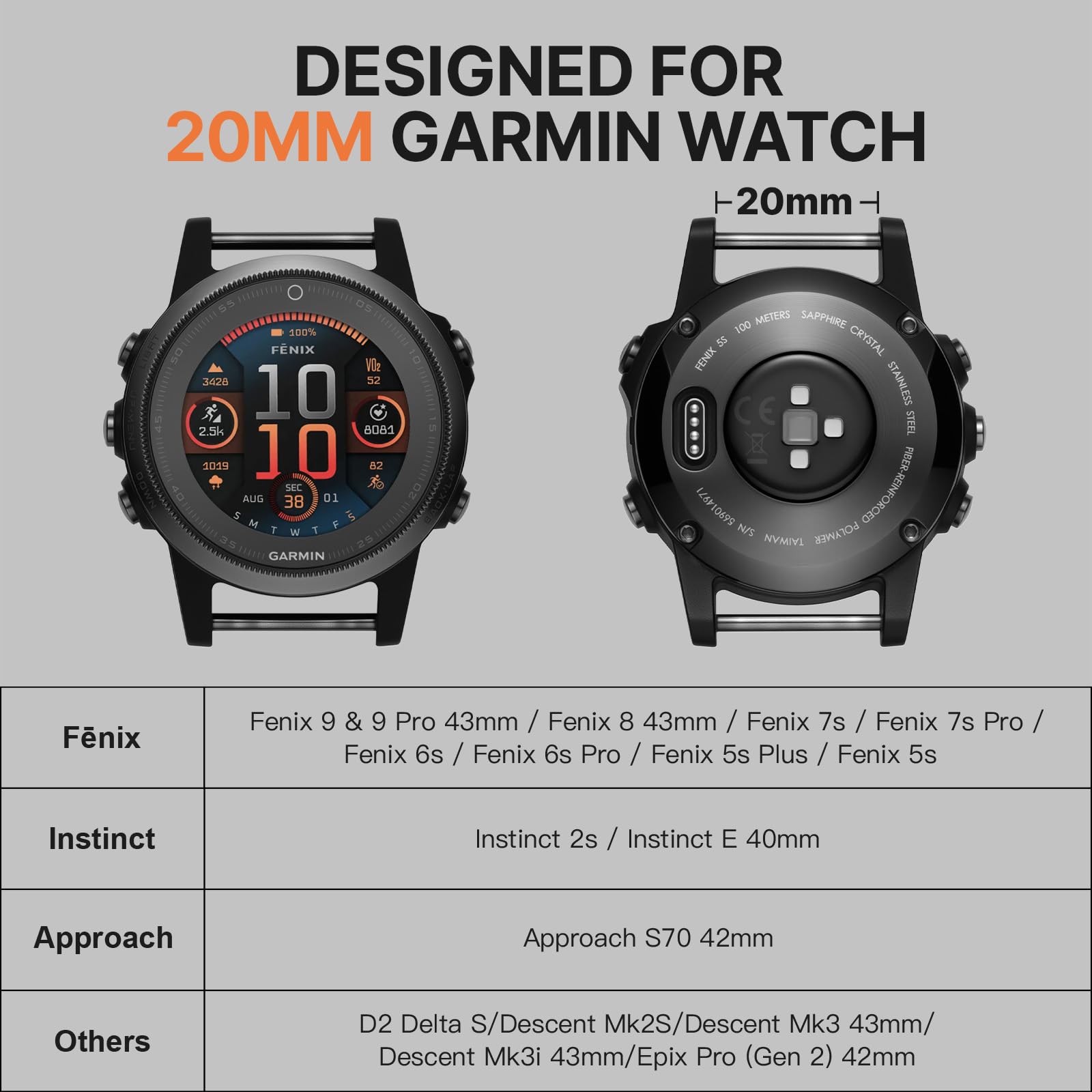 Bandletic Bracelet magnétique compatible avec Garmin Watch Quick Fit 20 mm