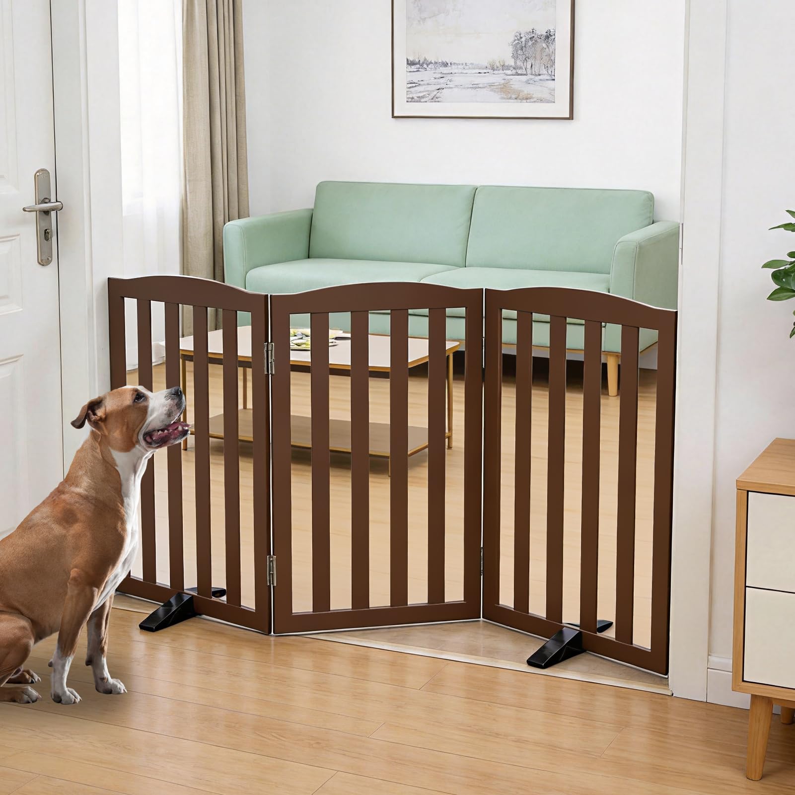 SFJC Freestanding Dog Gate Indoor,Doggie Gate Foldable Pet Gates for Doorways,Stairs or Hallways, Wooden Brown Pet Gate for the House, Pet Fence with Support Feet Included,24 "Height-3 Panels