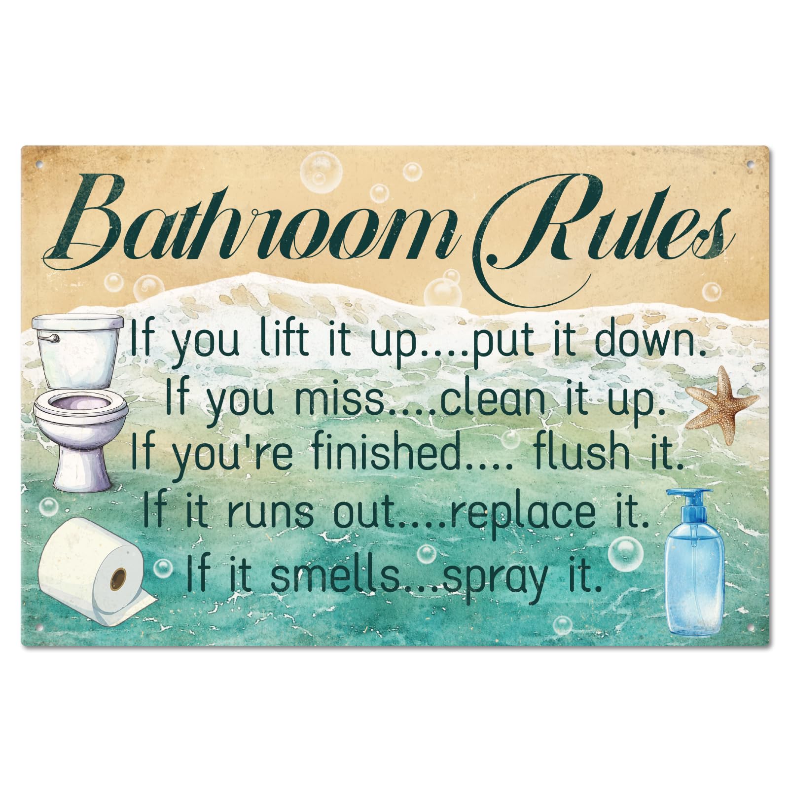 Coastal Beach Bathroom Rules Metal Tin Sign 24x32 Inch