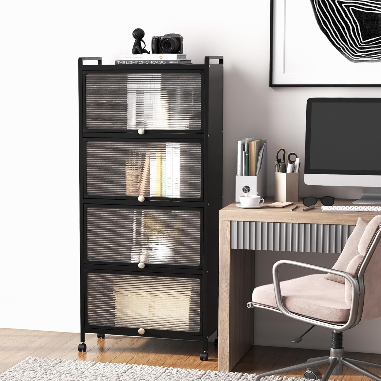 LOKO 5-Tier Kitchen Storage Cabinet,Freestanding Baker’s Rack with 4 Rolling Casters, Mobile Microwave Stand with Double Anti-toppling Device, for Dining Room, Living Room and Study (Black, 60.5" H)