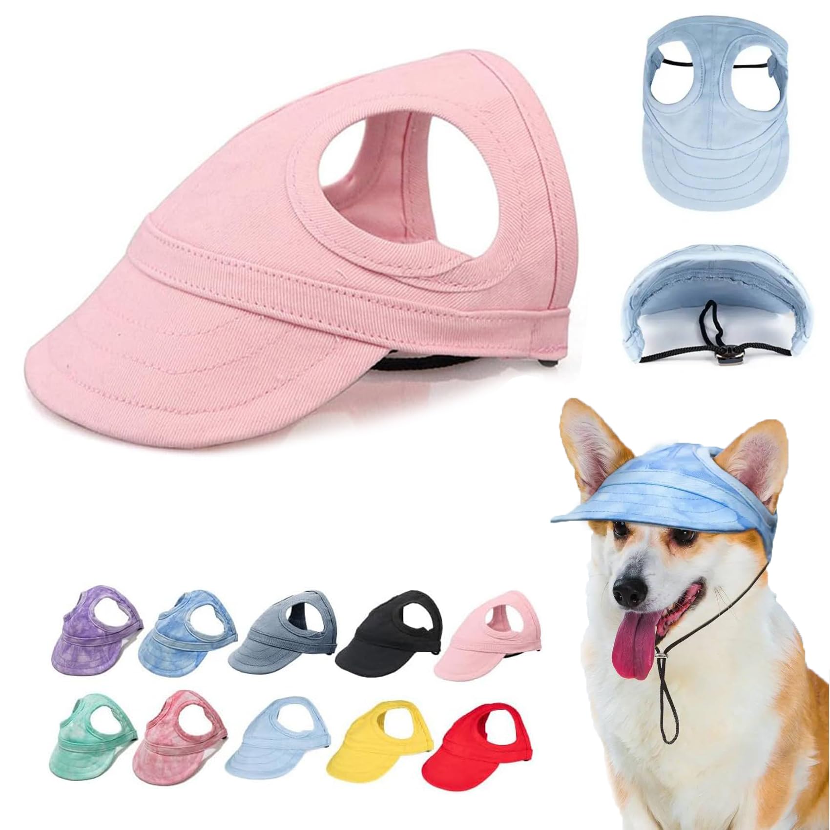 Outdoor Sun Protection Hood for Dogs, Adjustable Dog Sun Protection Baseball Hat Cap, Pet Baseball Hat Cap Visor Sunbonnet Outfit with Ear Holes for