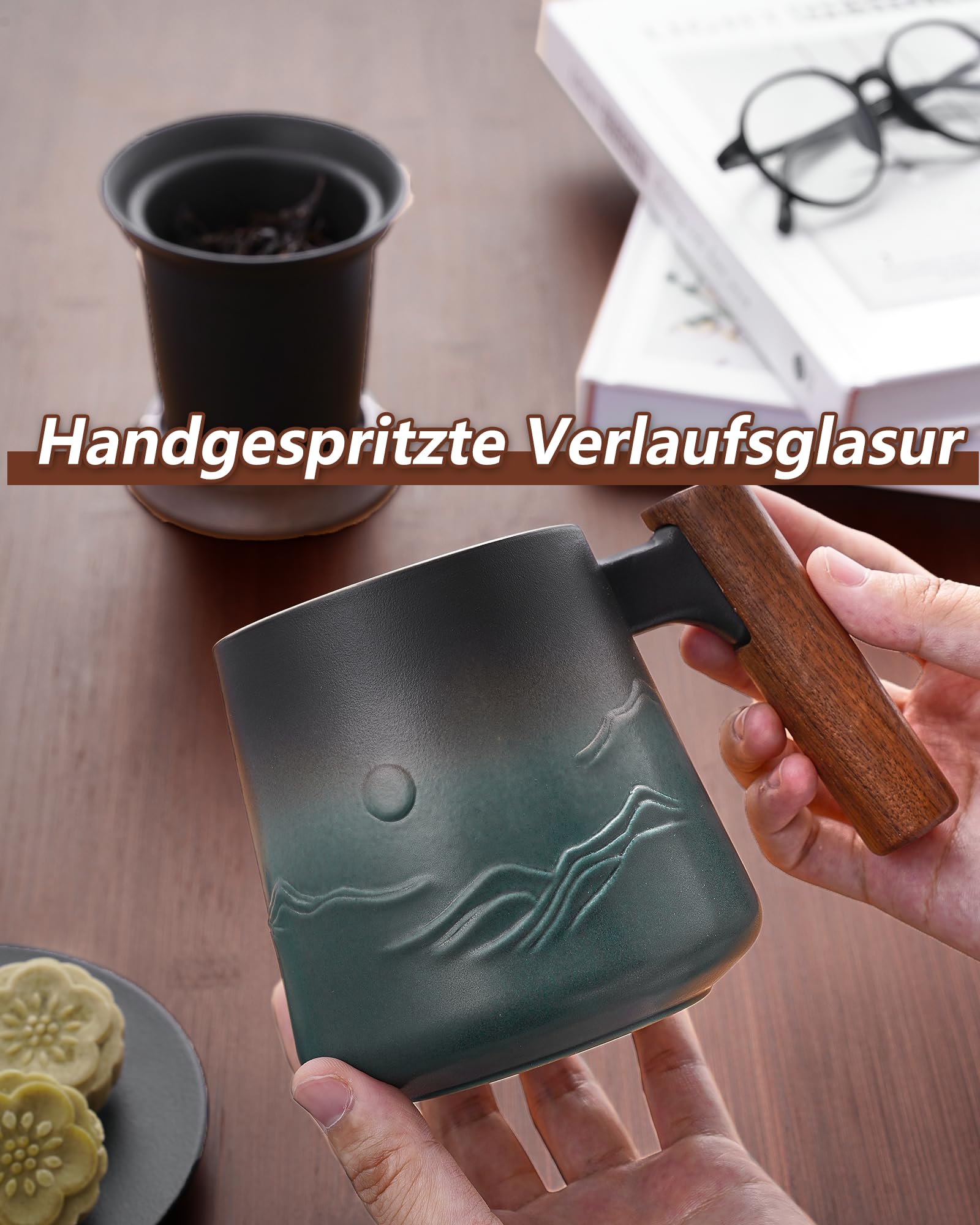 ZENS Teetasse mit Deckel und Sieb, 430ml Holzgriff Groß Teebecher mit Teesieb und Holz Deckel für Losen Tee, Keramik Teetassen Geschenk für Teeliebhaber, Schwarz und Grün