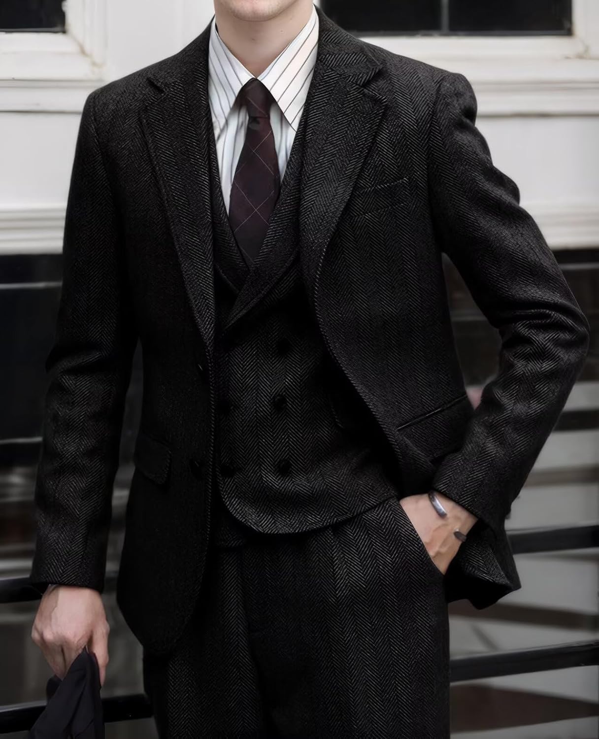 Retro 3 Pieces Men Suit Tweed Herringbone Suits for Men Formal Wool Jacket Dress Suit Vest Pants Wedding Prom Tuxedo - Image 2