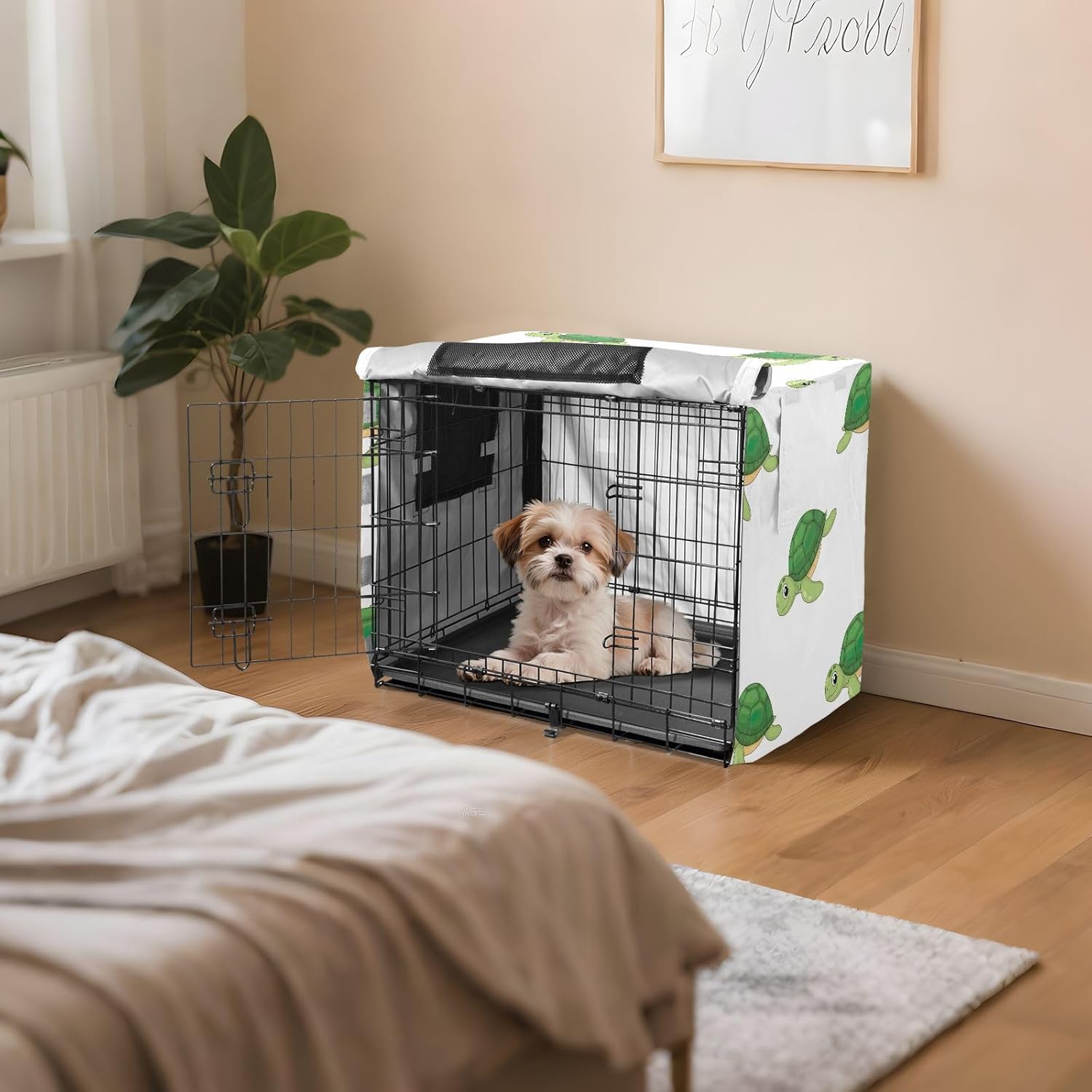 Cute Cartoon Sea Turtles Dog Crate Cover S-XL Washable Pet Cage Cover with Mesh Windows, Reduces Barking, X-Large