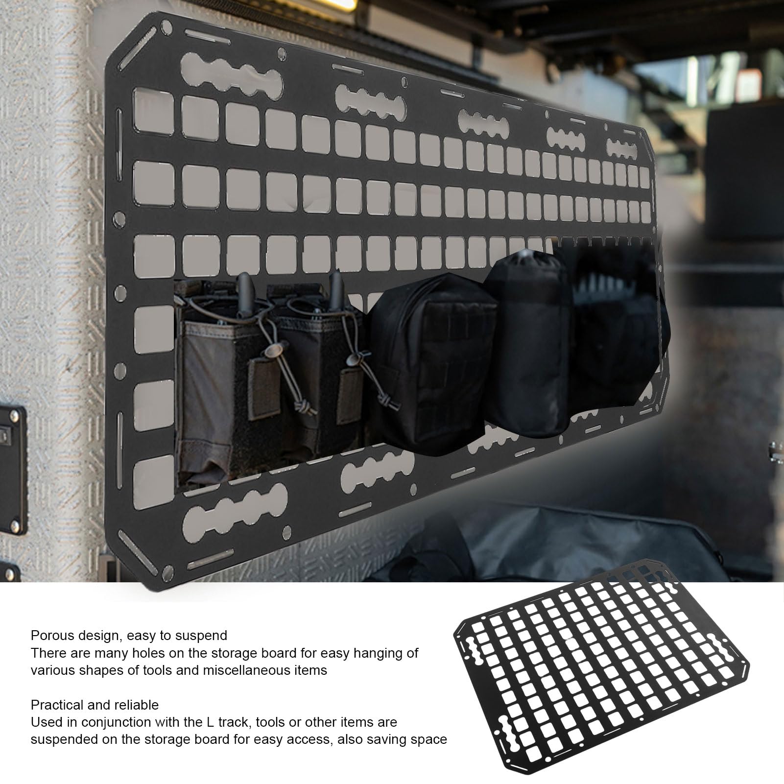 Fockety Panel Molle do skrzyni ładunkowej, aluminiowy organizer do przechowywania z elastycznymi klamrami linowymi, bagażnik sedanów, SUV-ów, pickupów, ciężarówek, kamperów i przyczep