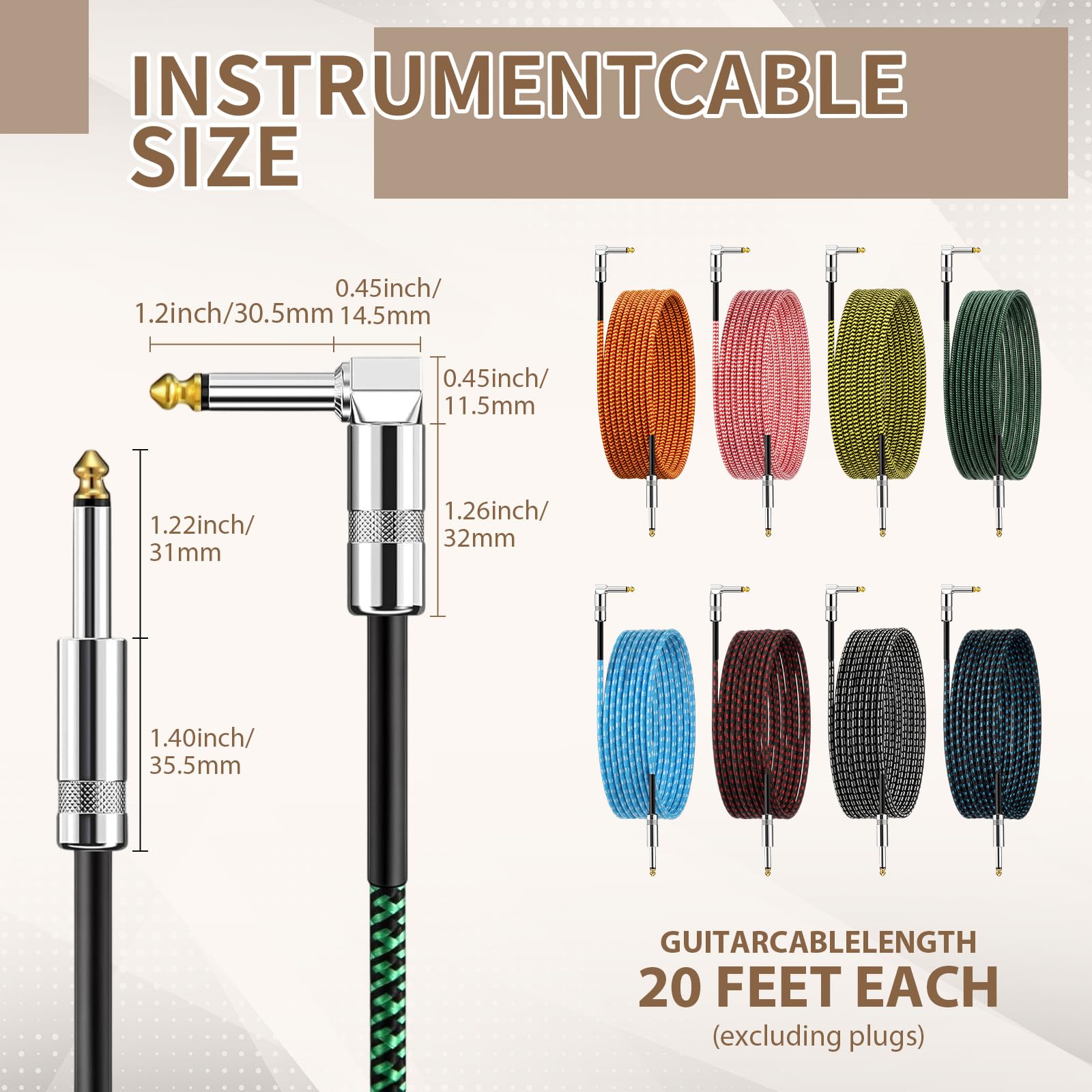 Paquete de 8 cables de instrumento de guitarra de 20 pies, TS recto a recto, cable de cobre profesional para guitarra eléctrica, bajo, teclado, amplificador, mezclador, audio profesional