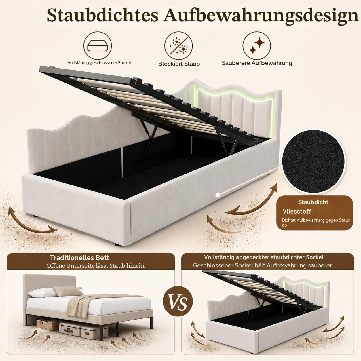 BRILVERDE Einzelbett 90x200 mit Stauraum, Polsterbett mit LED, Bettgestell mit kopfteil und Lattenrost, Bettrahmen für Jugendliche, Samt (Beige, 90 x 200 cm)