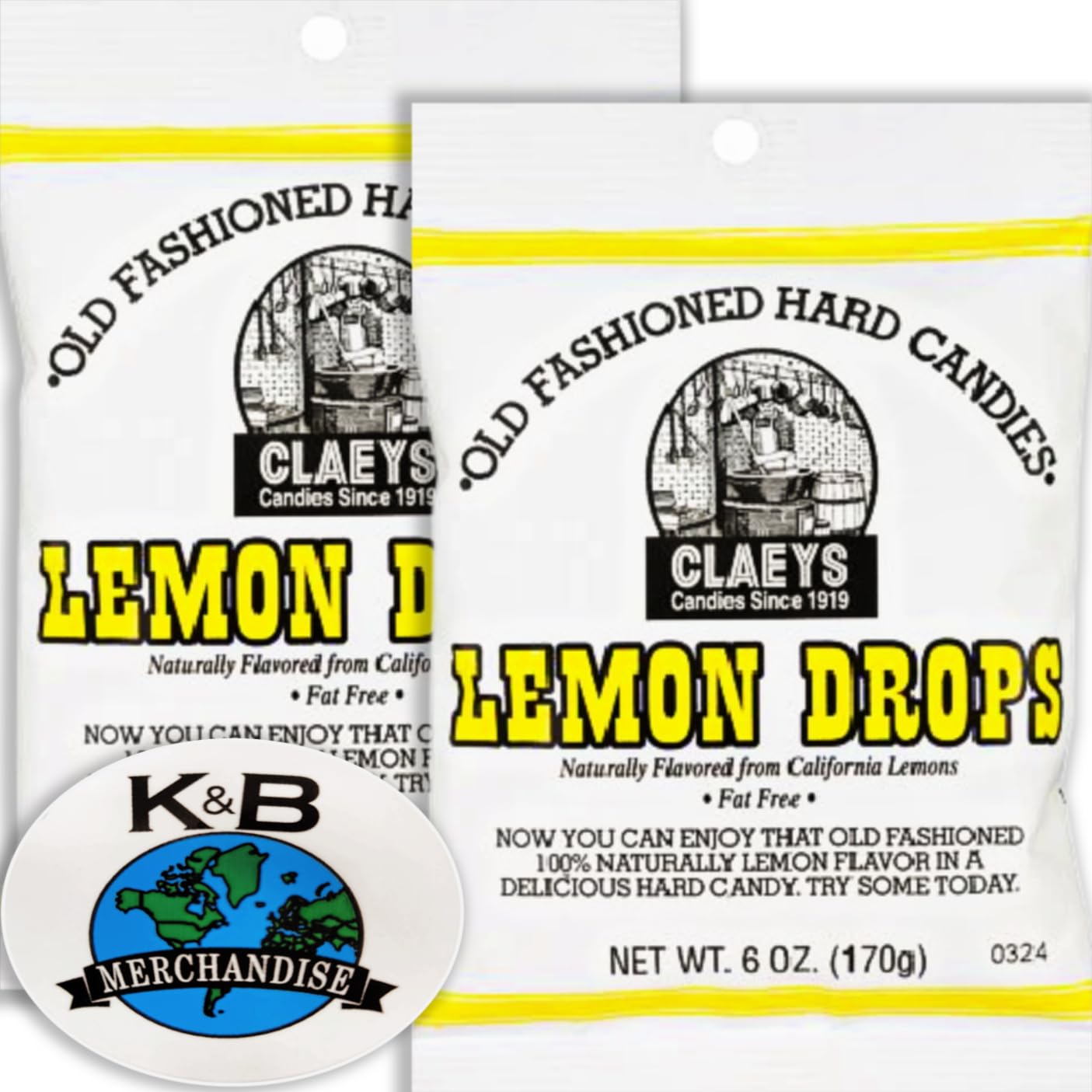 Lemon Drops Sanded Hard Candy Bundle With Claeys Old Fashioned Hard Candies, 6 Ounce Bag, 2-Pack Bulk (0.75 lb), Fat And Gluten Free, 16.7 Calories Per Piece, With K&B Merchandise Magnet
