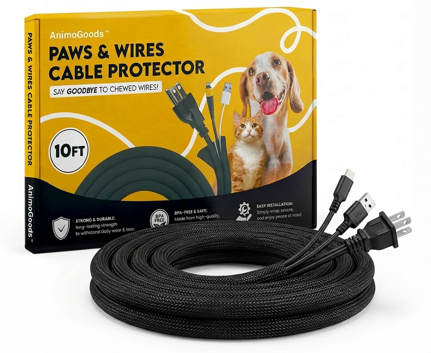 Cord Cover for Pets (10ft, 1/2 inch Split) - Durable PET Cable Protector for Dogs, Cats, and Other Pets - Cord Protectors from Pets No Chew, Keep Cats