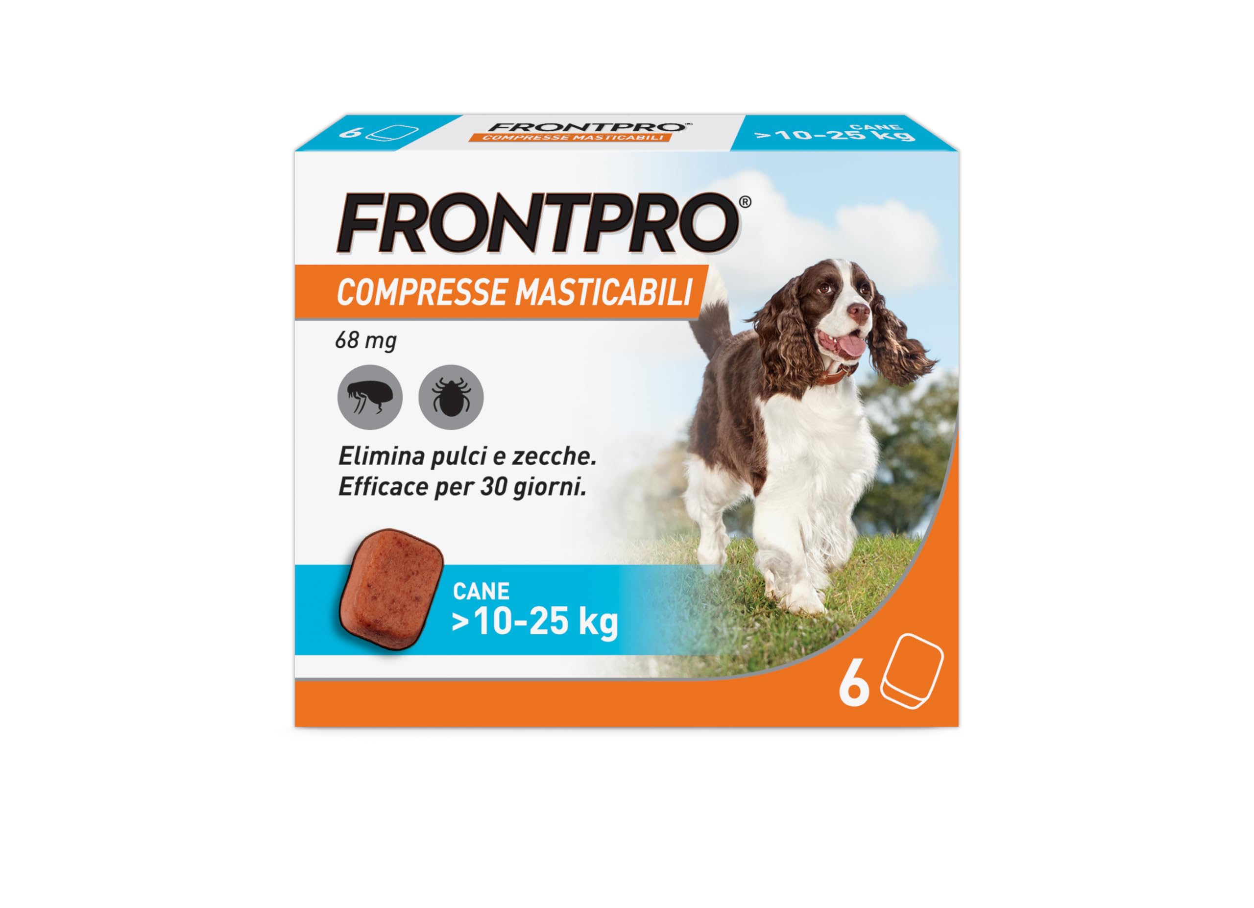 FRONTPRO 6 Compresse Masticabili Antiparassitario per Cani di Peso > 10-25 kg Protegge da Pulci e Zecche, Antipulci in Confezione da 6 Compresse da 68 mg di Afoxolaner