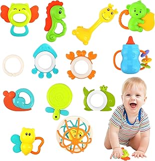 OFFCUP 13 Pieces Baby Rattle Teething Ring Grasping Toy Set Toy from 3 Months Flexible Design with Rattle Montessori Baby Toy Grasping Ball BPA Free Teething Toy Baby Gift