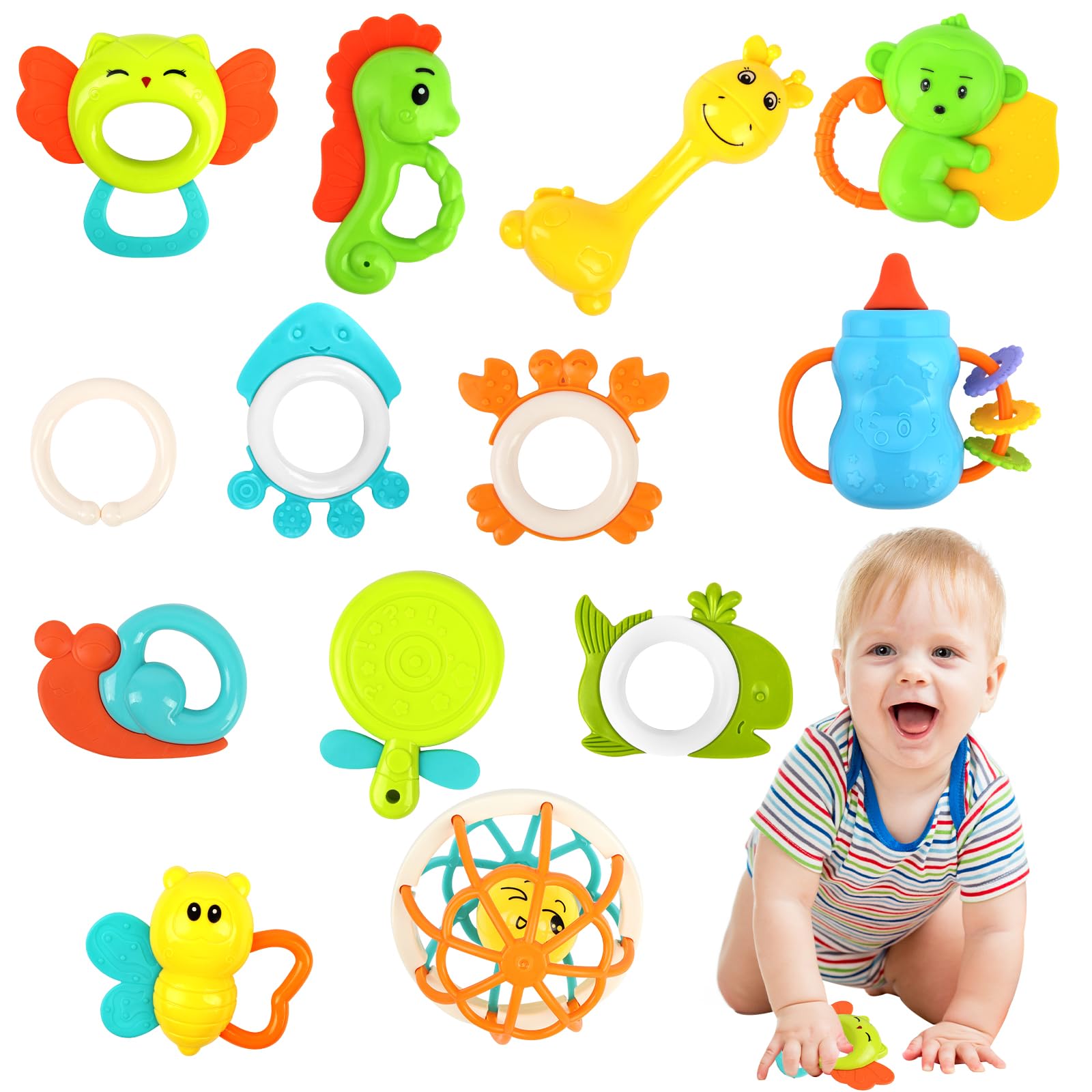 OFFCUP 13Pcs Baby Rassel Beißring Greifling Set Spielzeug ab 3 Monate Flexibles Design mit Rassel Montessori Babyspielzeug Greifball BPA Frei Beißspielzeug Baby Geschenk