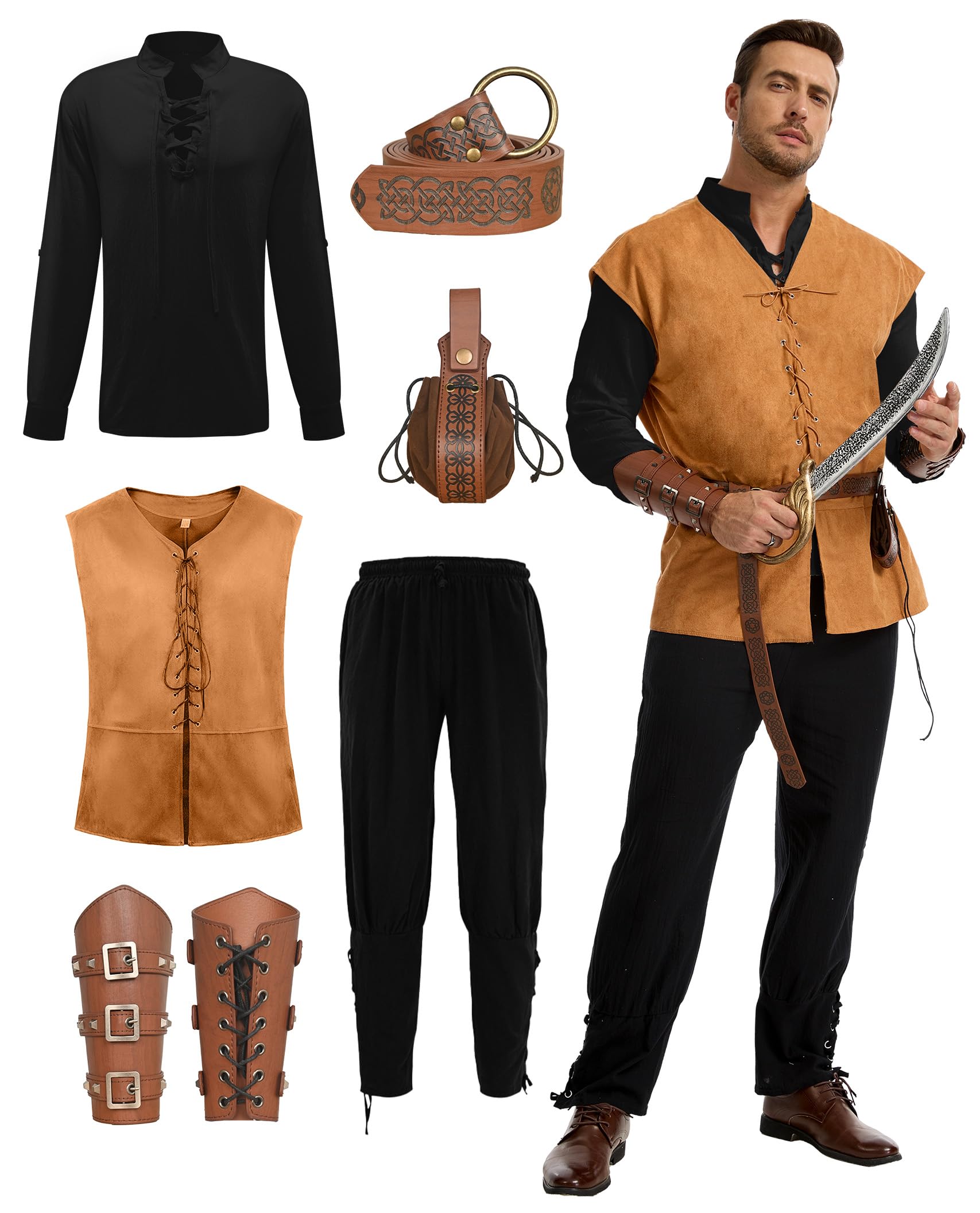 MIQEBX Men's Medieval Viking Costume Set - 6 Piece Renaissance Pirate Outfit with Lace-Up Shirt, Vest, Trousers, Bracers, Quiver & Celtic Belt for LARP, Halloween & Fancy Dress (Black + Brown, 2XL) — image 1