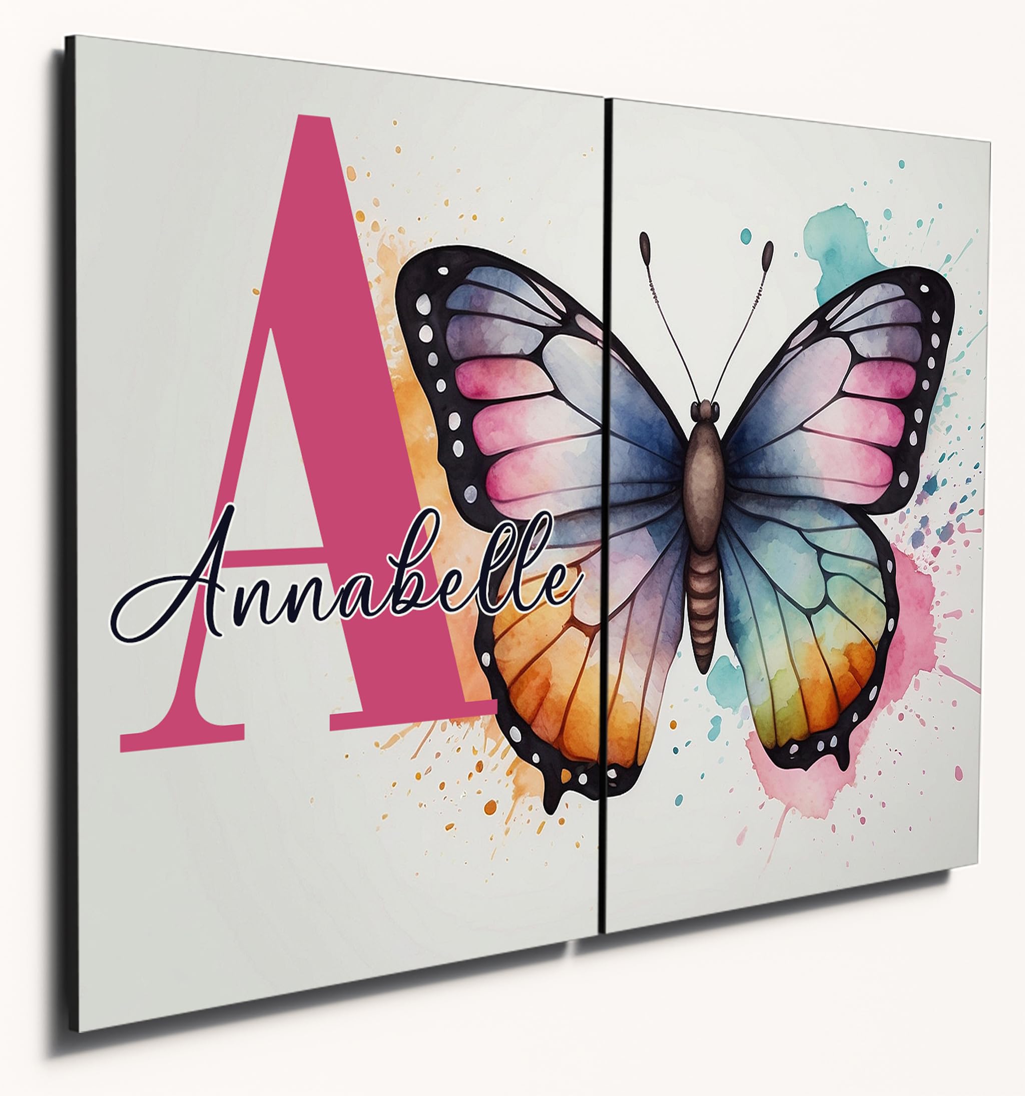 The Plum Penguin Butterfly Personalised Baby Watercolour Print - A4 Wooden Mdf Wall Art Set, Pastel Nursery Decor Canvas Alternative 40 X 30Cm
