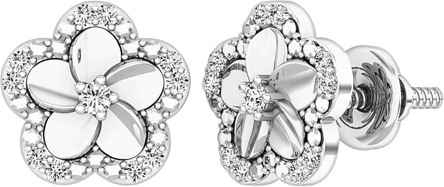 Dazzlingrock Collection 0.10 Ctw Round White Natural Diamond Women Cluster Plumeria Flower Shaped Stud Earrings 1/10 CT, in Real Solid Gold & 925 Sterling Silver