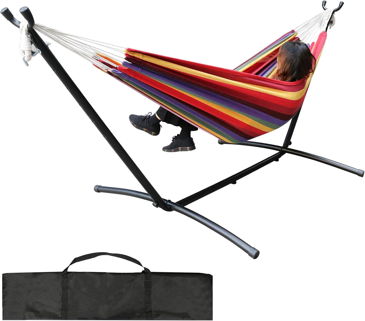 Double Hammock with Space Saving Steel Stand (450 lb Capacity - Premium Carry Bag Included) - for para Patio, Indoor and Outdoor (Red/Orange Stripes)