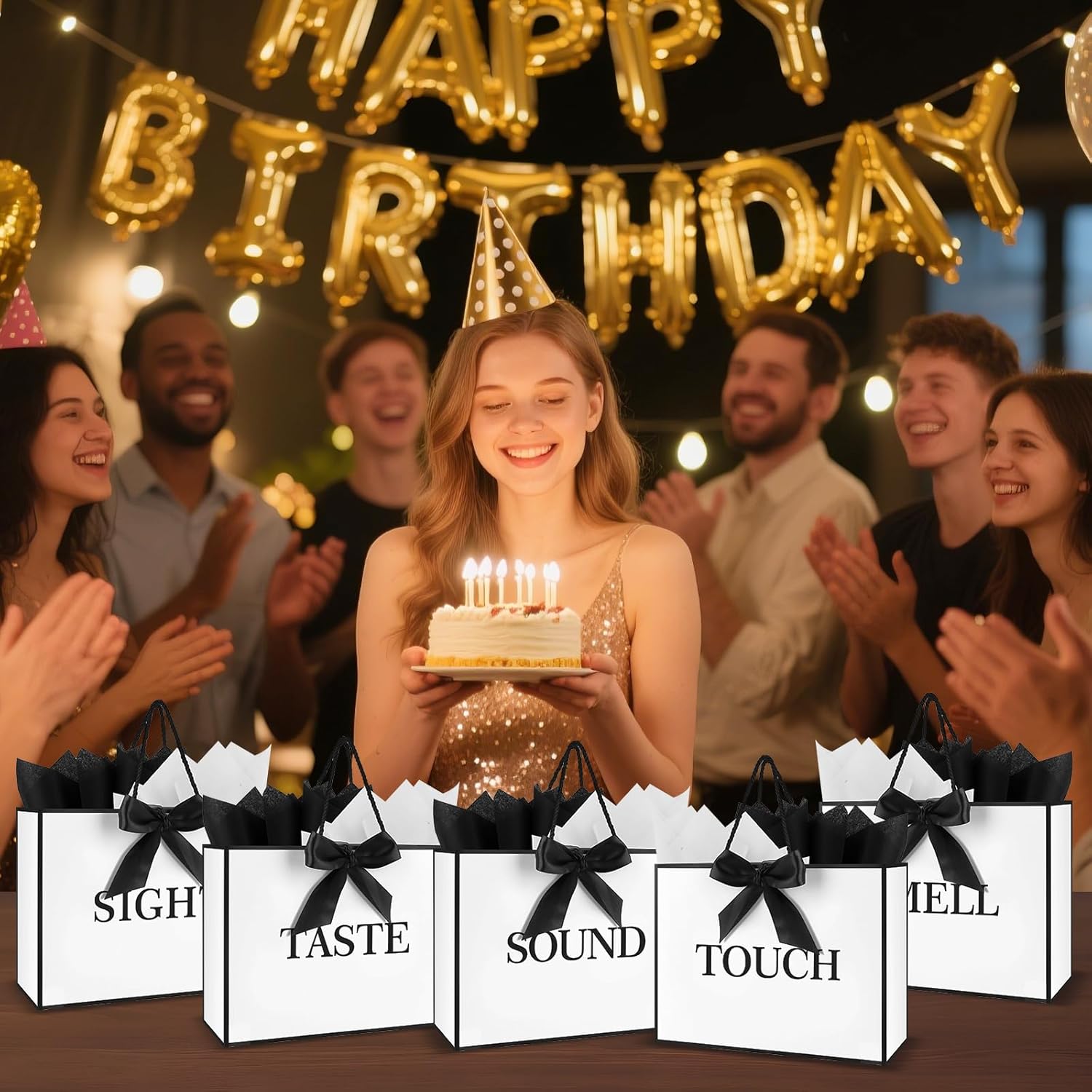 5 Senses Gift Bags for Him Her With Labels,Handles,Ribbon and Tissue Paper, 12.6 X 8.7 X4 Inch Five Senses Paper Bags, Suitable for Birthday Party,Wedding,Anniversary,Christmas,Valentine's Day (White Black) - Image 7