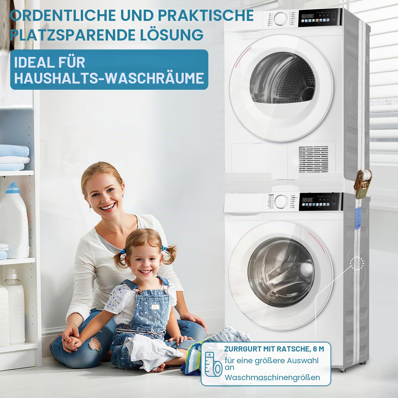 Universal Verbindungsrahmen für Waschmaschine und Trockner, Zwischeneinbaurahmen Kit für 45-70cm Waschmaschinen Trockner, Stapelbausatz mit Ratschenseil, Zwischeneinbausatz für Waschküche
