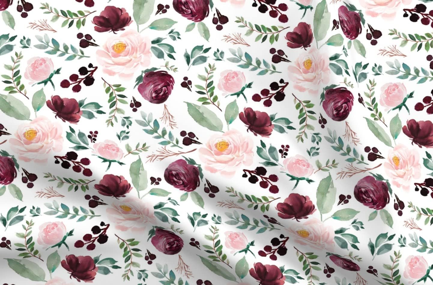 Spoonflower Fabric - Wild Heart Florals White Burgundy Pink Boho Flowers Nursery Autumn Printed on Petal Signature Cotton Fabric Fat Quarter - Sewing Quilting Apparel Crafts Decor