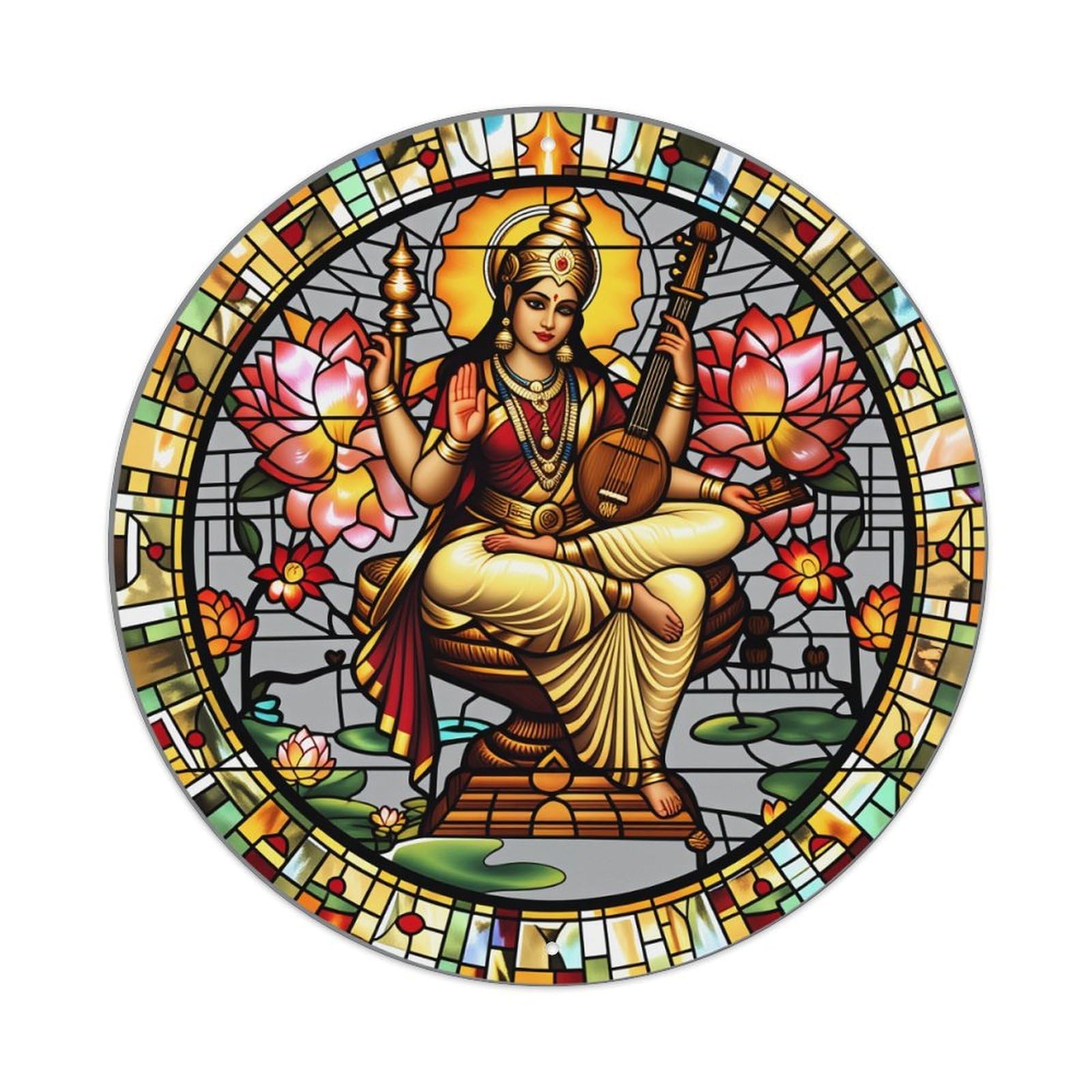 Divine Goddess With Veena And Lotus Round Tin Sign Vintage Style Metal Sign Home Bar Garden Wall Plaque Decor Metal Poster 8x8 Inch