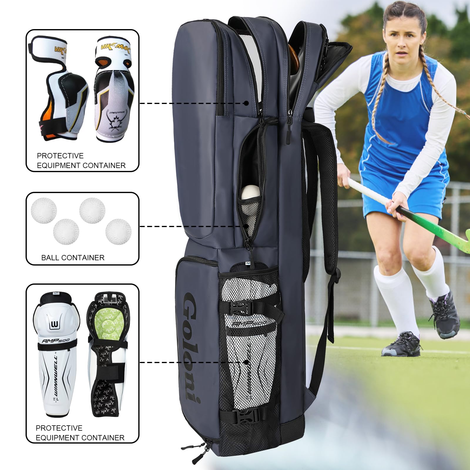 Goloni Feldhockey-Tasche aus Leder mit 4 Schlägern, Rucksack mit unabhängiger Schuhtasche und mehreren Taschen, passend für alle Feldhockey-Ausrüstung