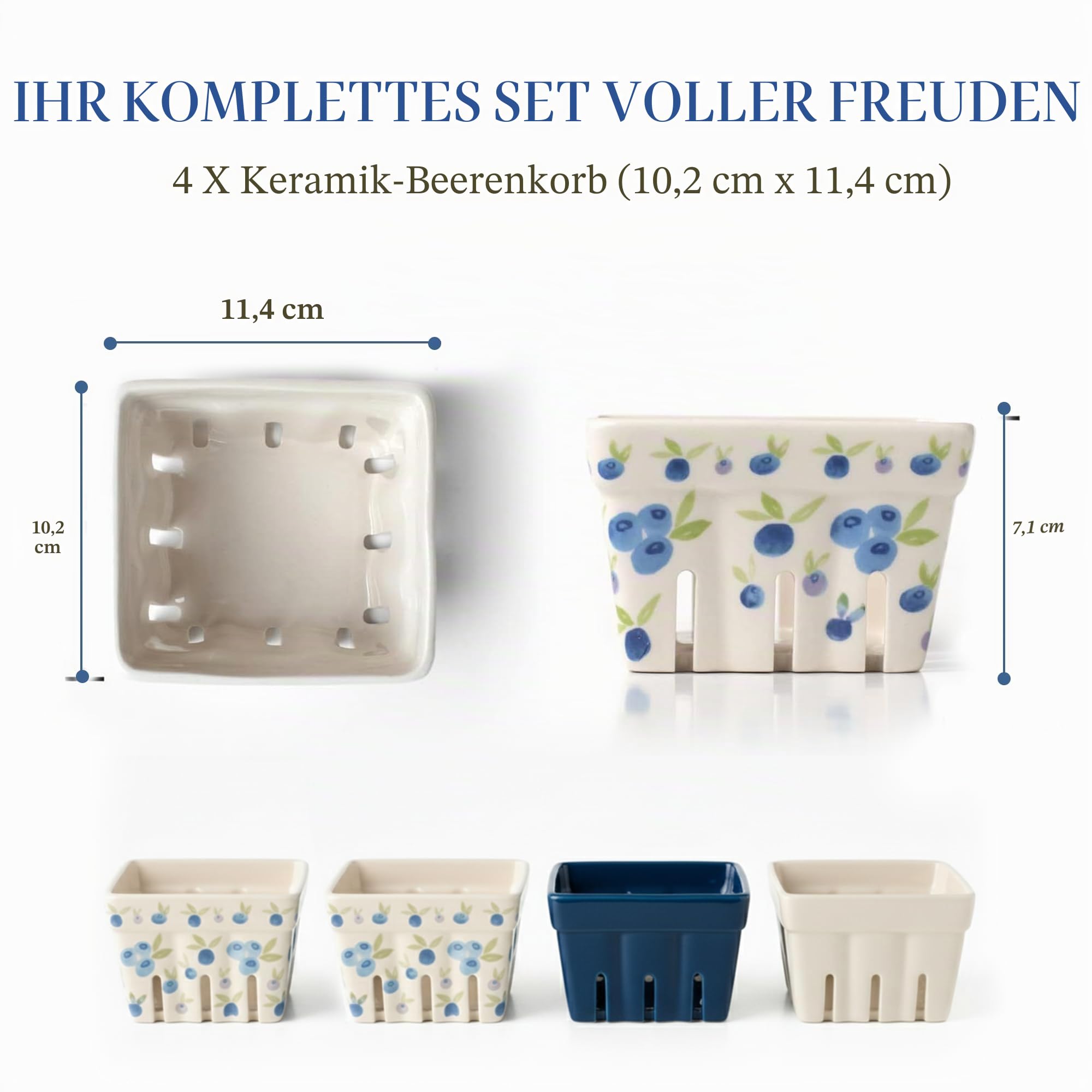 Farmhouse Keramik-Beerenkorb, Sieb, Farmers Market quadratische Schüssel rustikale Küchendekoration Obstschalen Obstkörbe Bleu Weiß und Blaubeere Muster Steingut Ernteschalen Set von 4 | Blaue, weiße und Blaubeer-Designs, Steingut, spülmaschinenfest, abtr