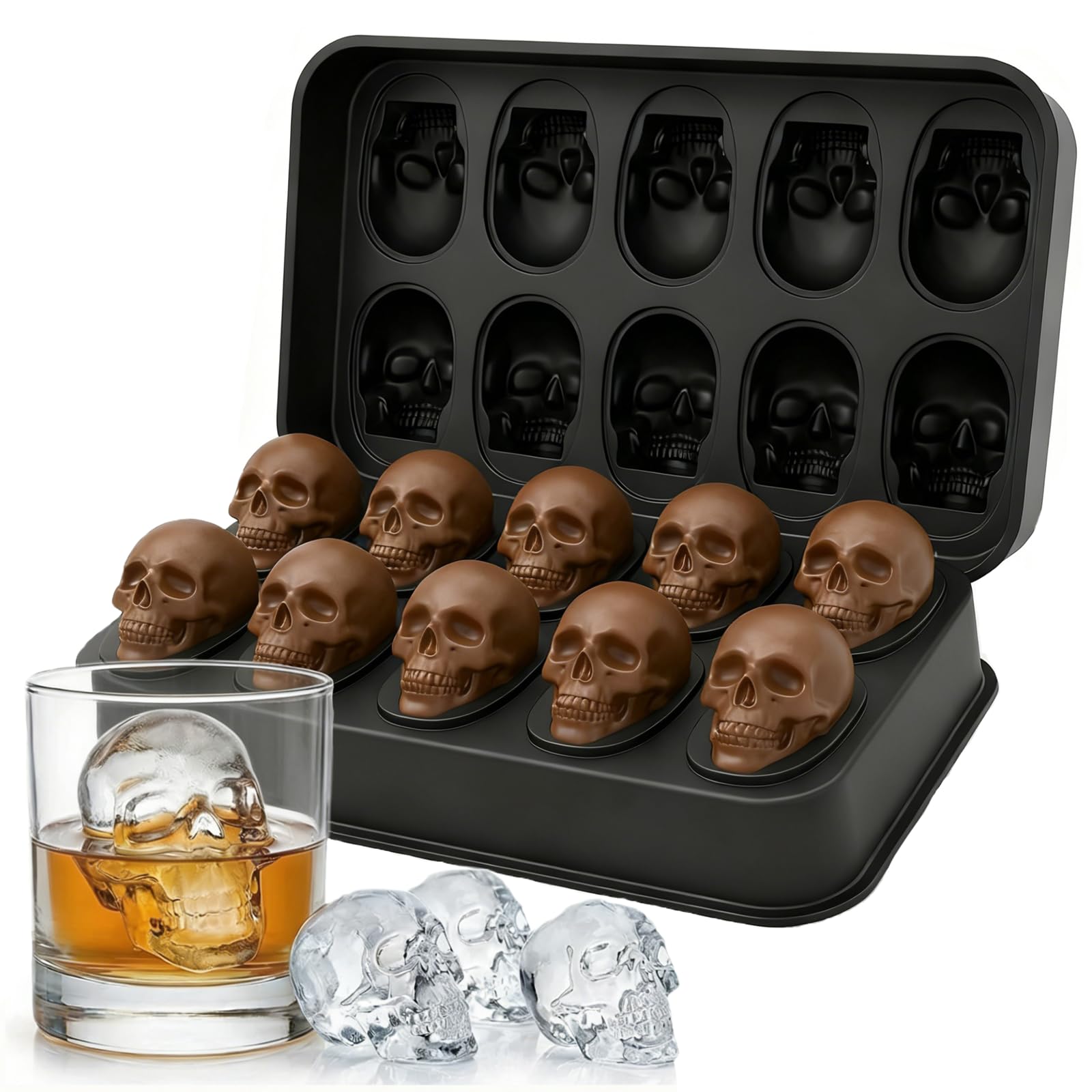 HAVOER 3D Skull Ice Cube Mold Tray -Novelty Shaped Ice Maker for Whiskey Cocktails Drinkers,Bartenders,Easy Release Silicone kull Molds,Baking Chocolate Candy,Home Bars